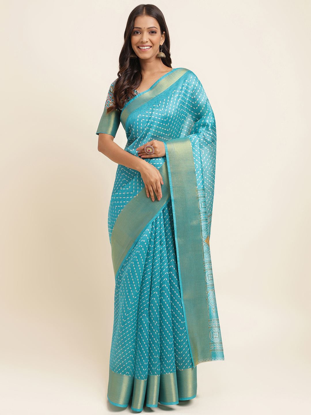

KALINI Ethnic Motifs Printed Zari Silk Cotton Saree, Teal