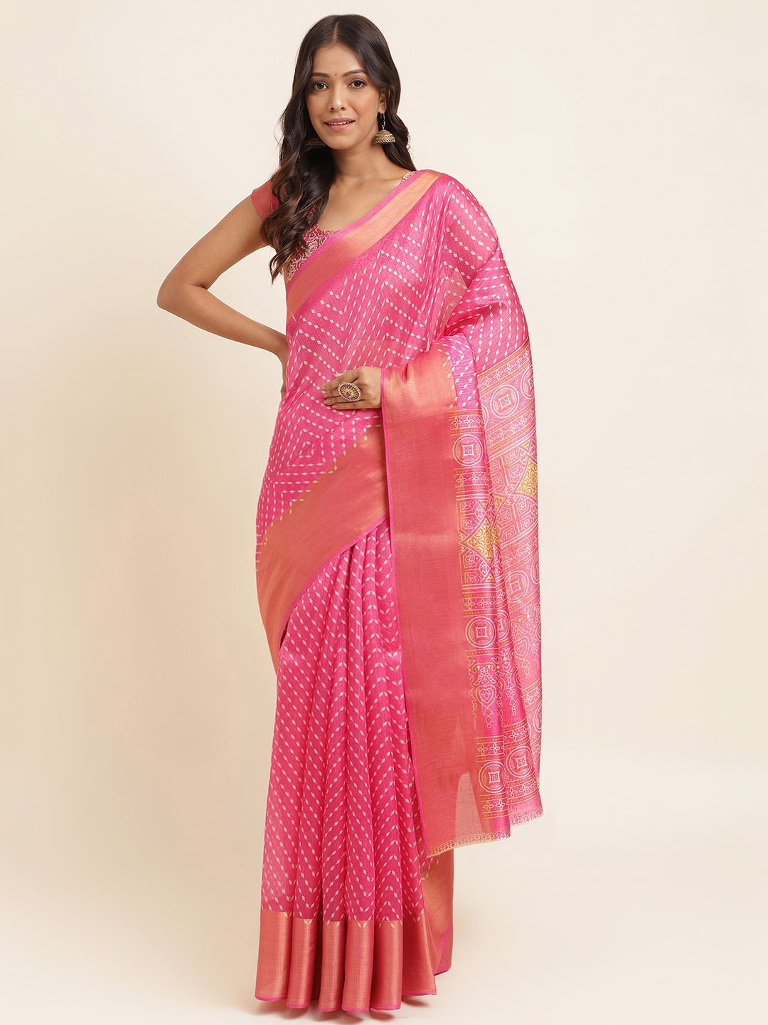 

KALINI Geometric Printed Zari Silk Cotton Saree, Pink