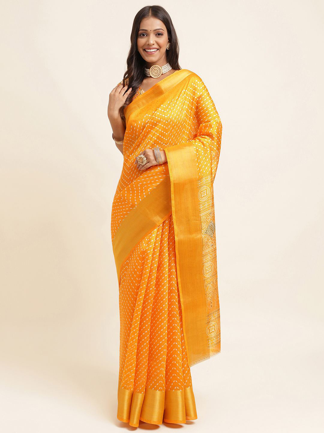 

KALINI Chevron Printed Zari Silk Cotton Saree, Yellow