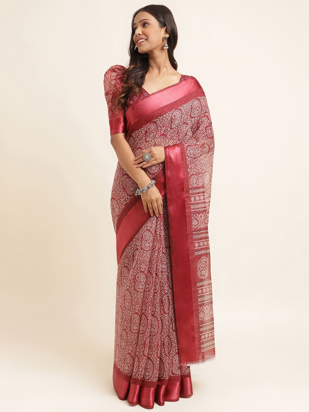 

KALINI Paisley Printed Zari Silk Cotton Saree, Maroon