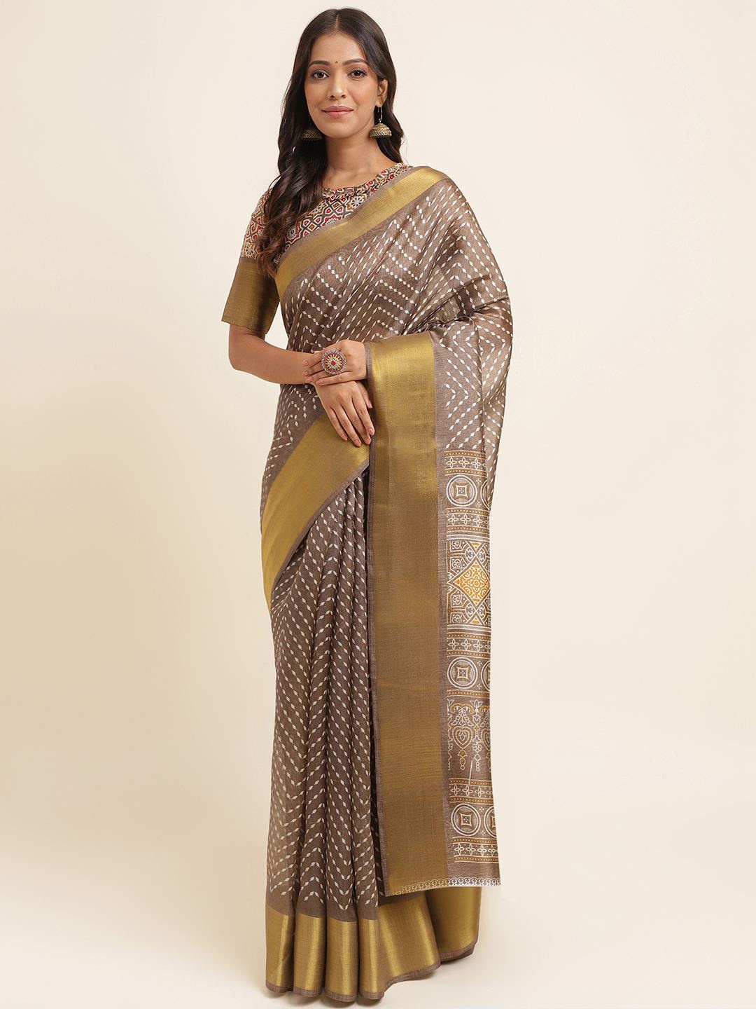 

KALINI Ethnic Motifs Printed Zari Silk Cotton Saree, Beige