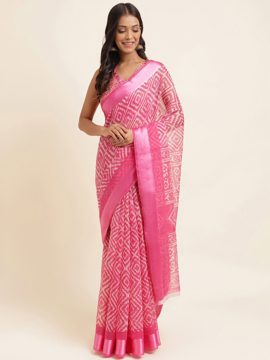 

KALINI Geometric Printed Zari Silk Cotton Saree, Pink