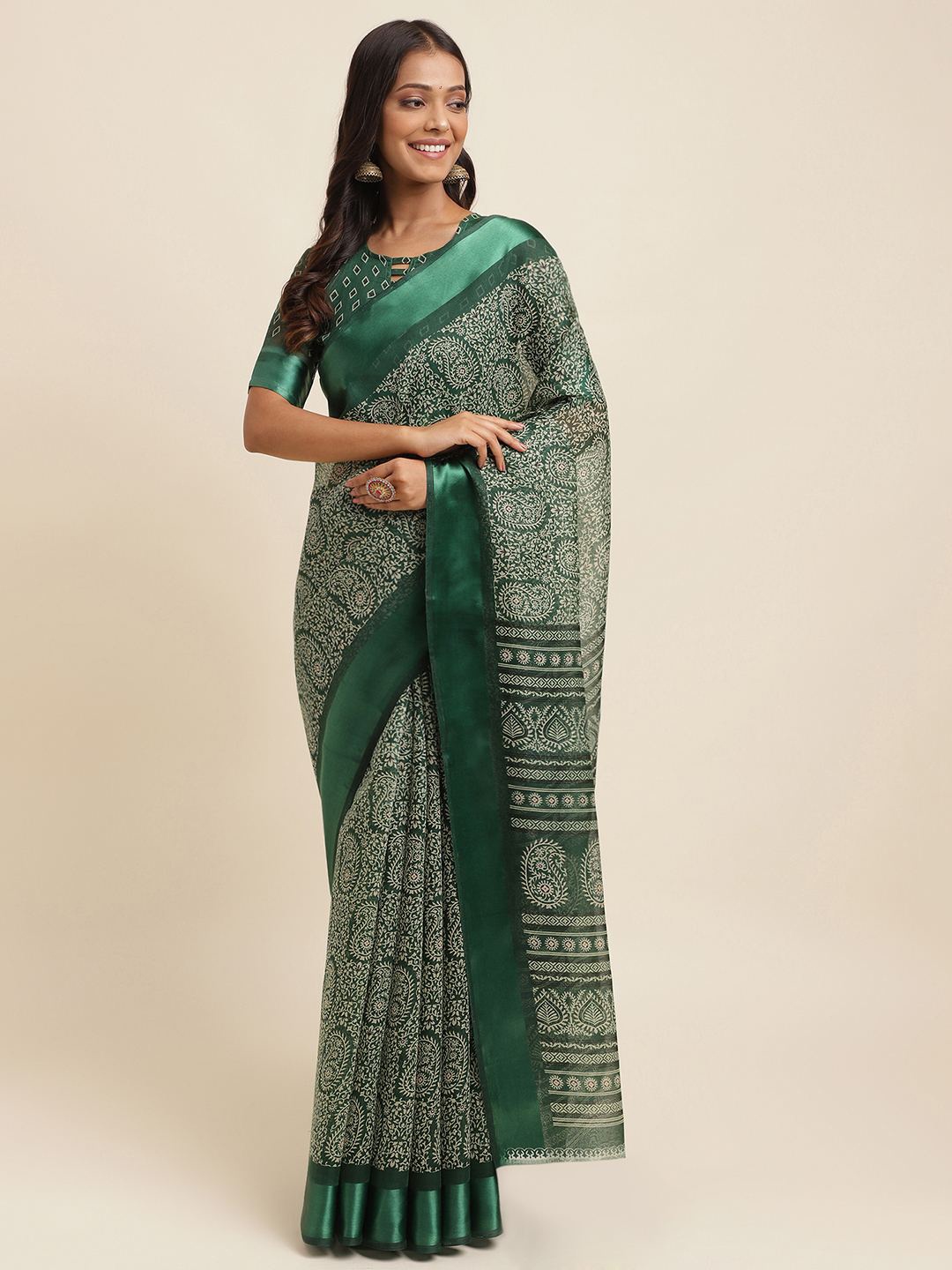 

KALINI Ethnic Motifs Printed Silk Cotton Saree, Green