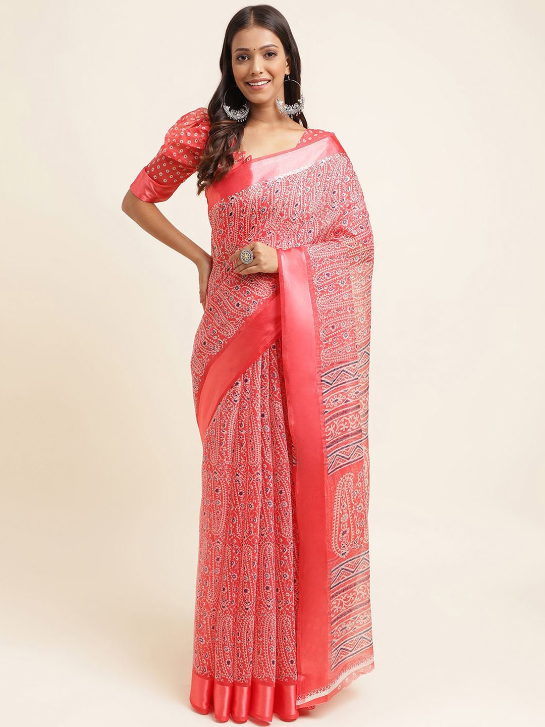 

KALINI Paisley Printed Silk Cotton Saree, Coral