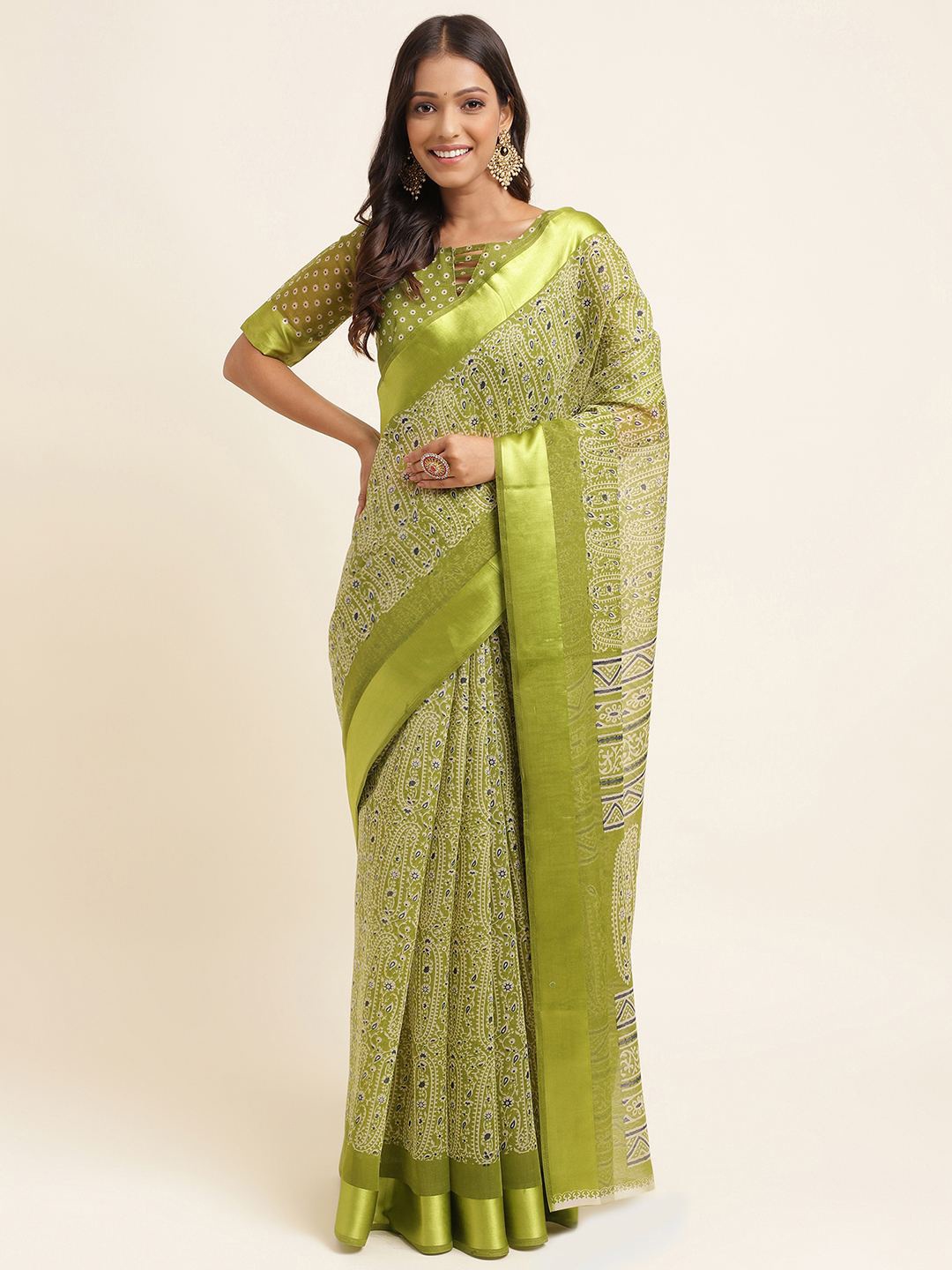 

KALINI Paisley Printed Zari Silk Cotton Saree, Lime green