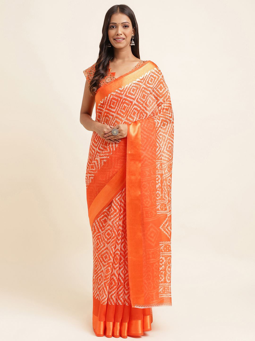 

KALINI Geometric Printed Zari Silk Cotton Saree, Orange
