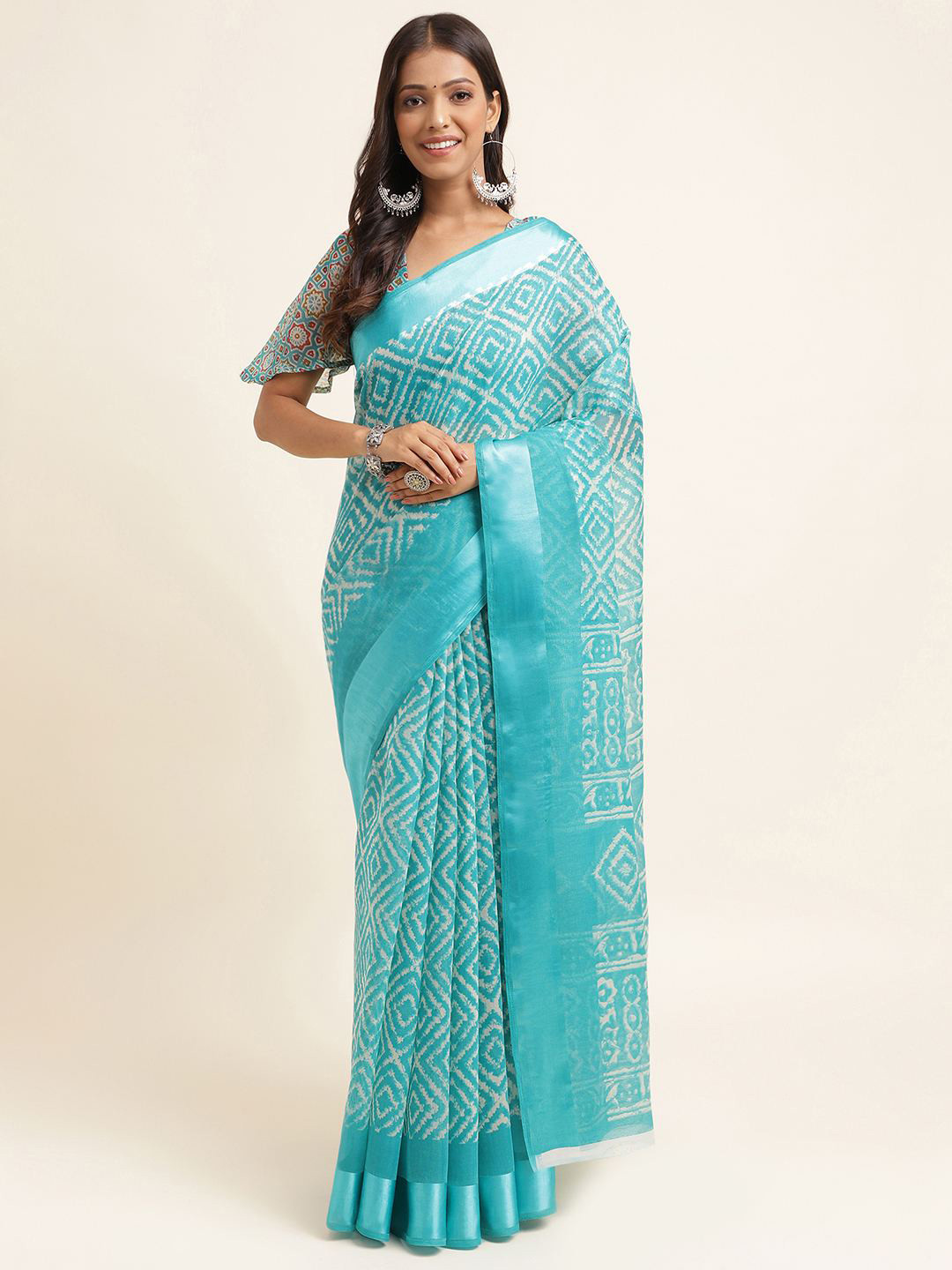 

KALINI Geometric Printed Silk Cotton Saree, Blue