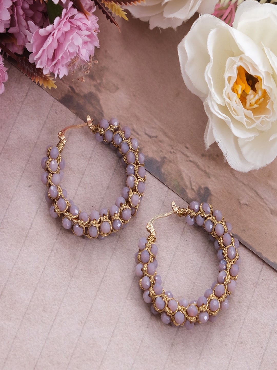 

UNIVERSITY TRENDZ Gold-Pleated Pearl Beaded Hoop Earrings, Lavender