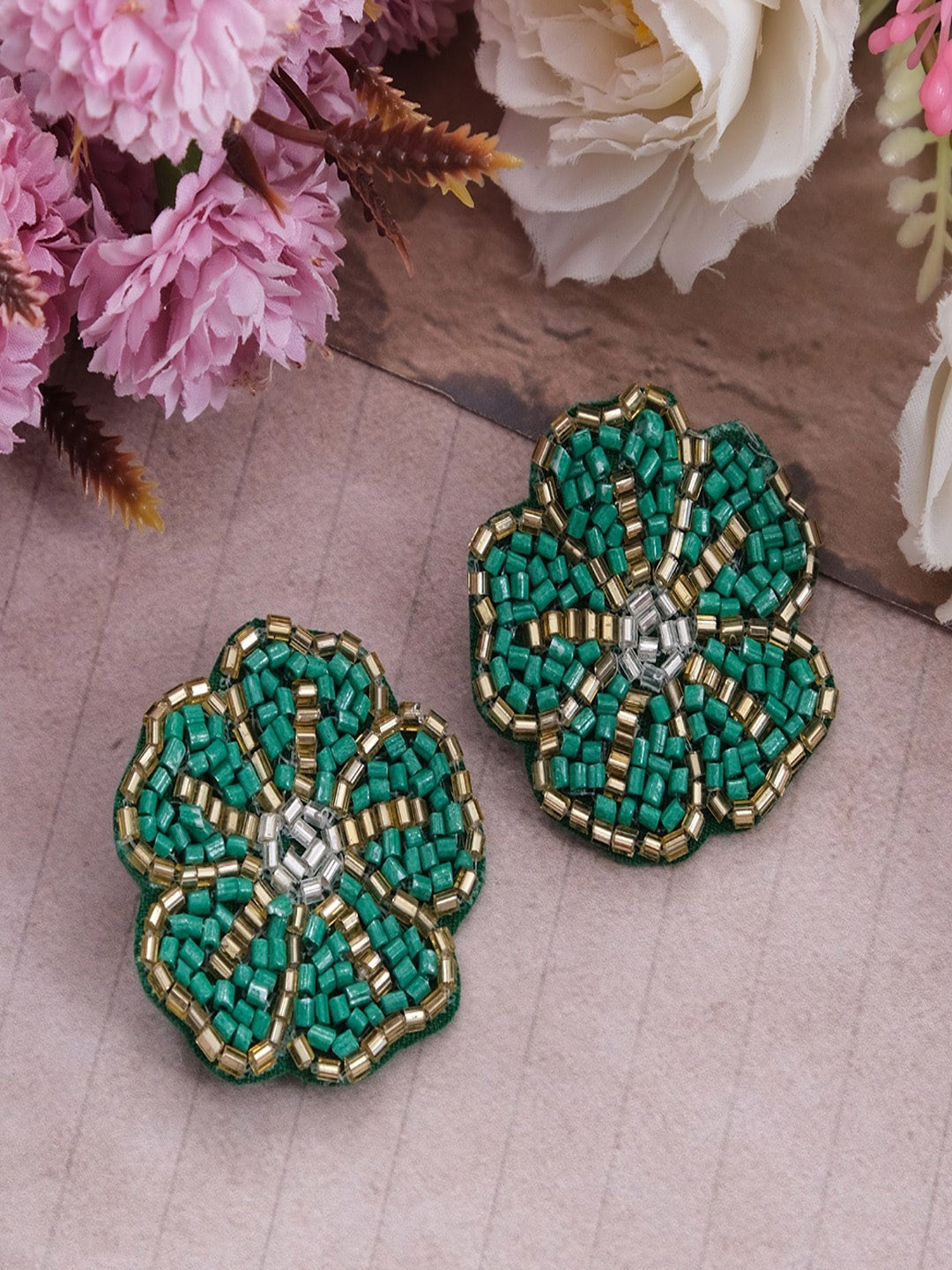 

UNIVERSITY TRENDZ Floral Shaped Beaded Studs Earrings, Gold