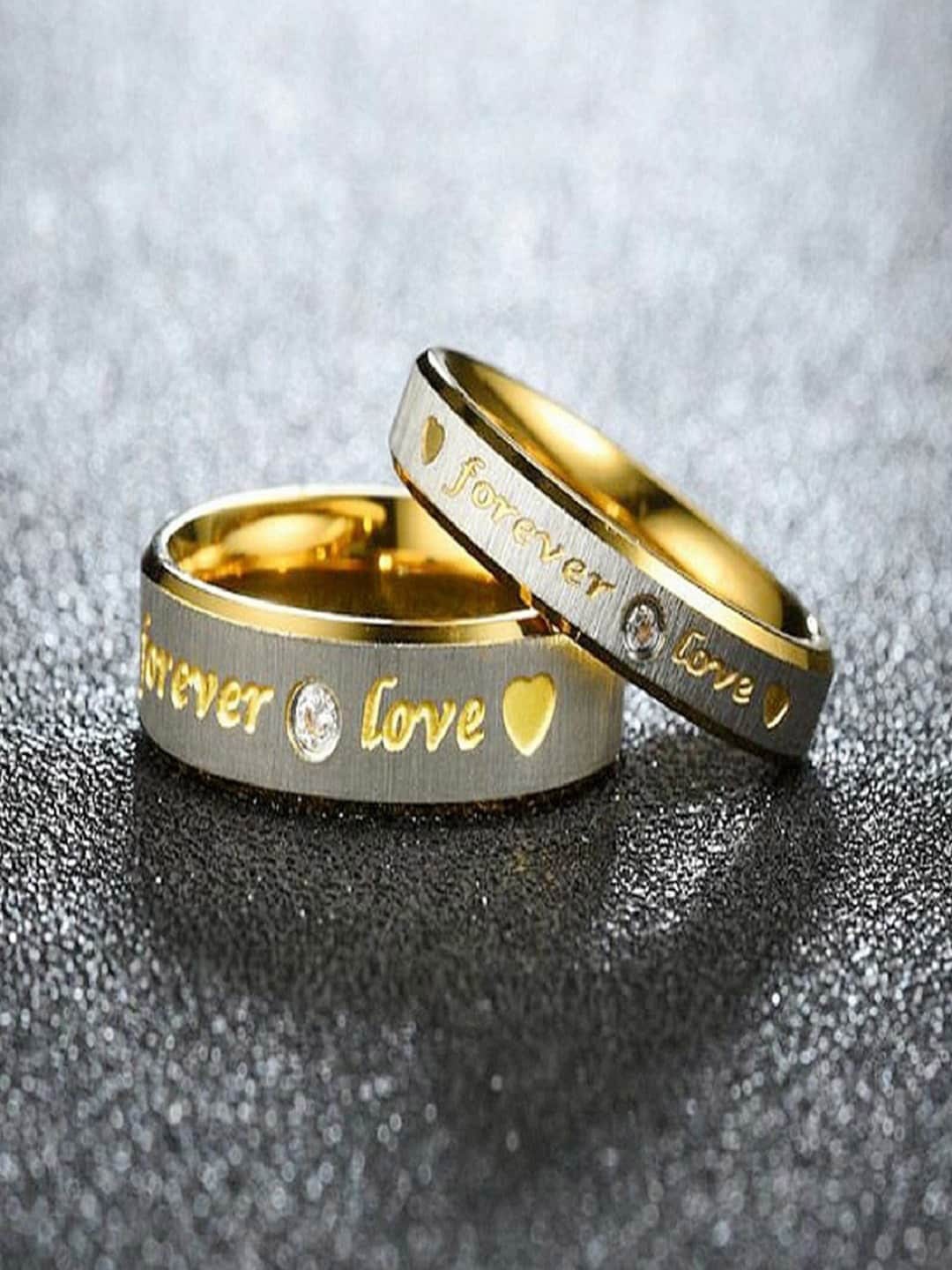 UNIVERSITY TRENDZ Set Of 2 Silver-Plated Forever Love Couple Finger Ring, Gold