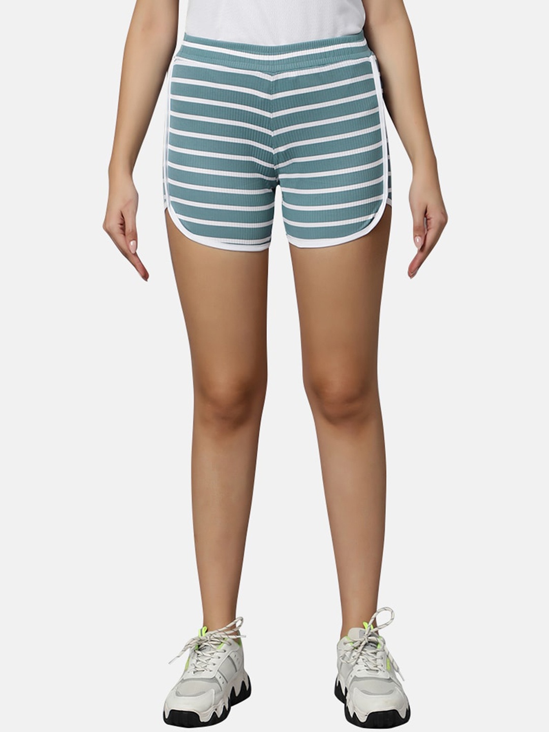 

Omtex Women Striped Mid Rise Shorts, Grey