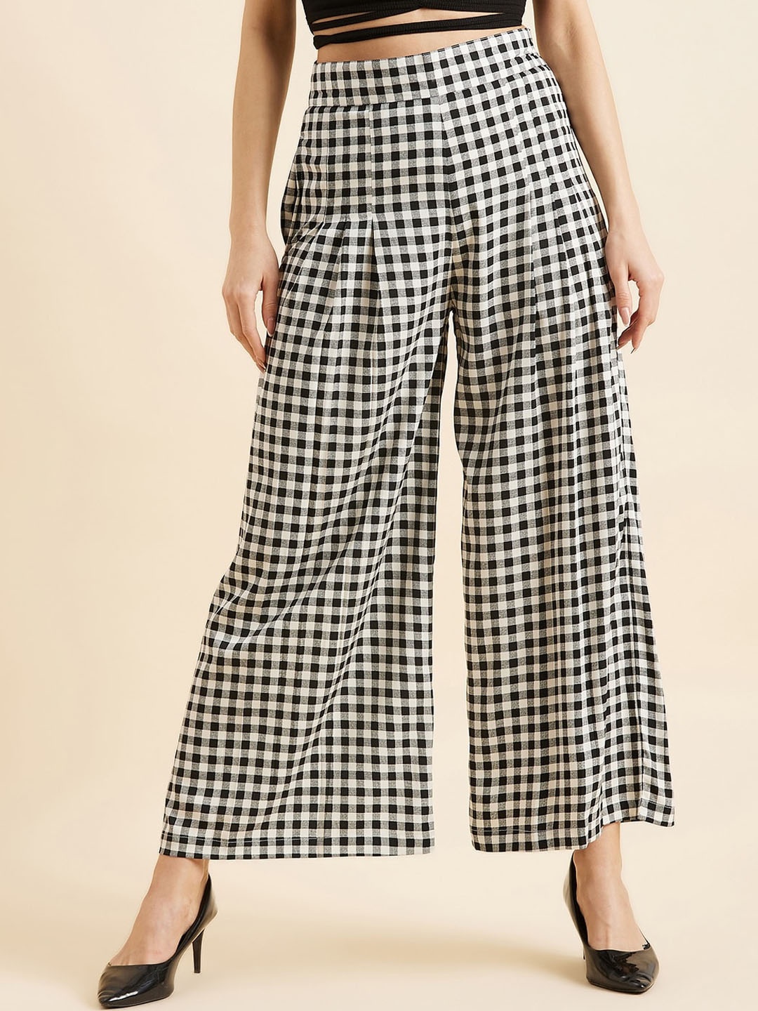 

PANIT Women Black Checked Flared Parallel Trousers