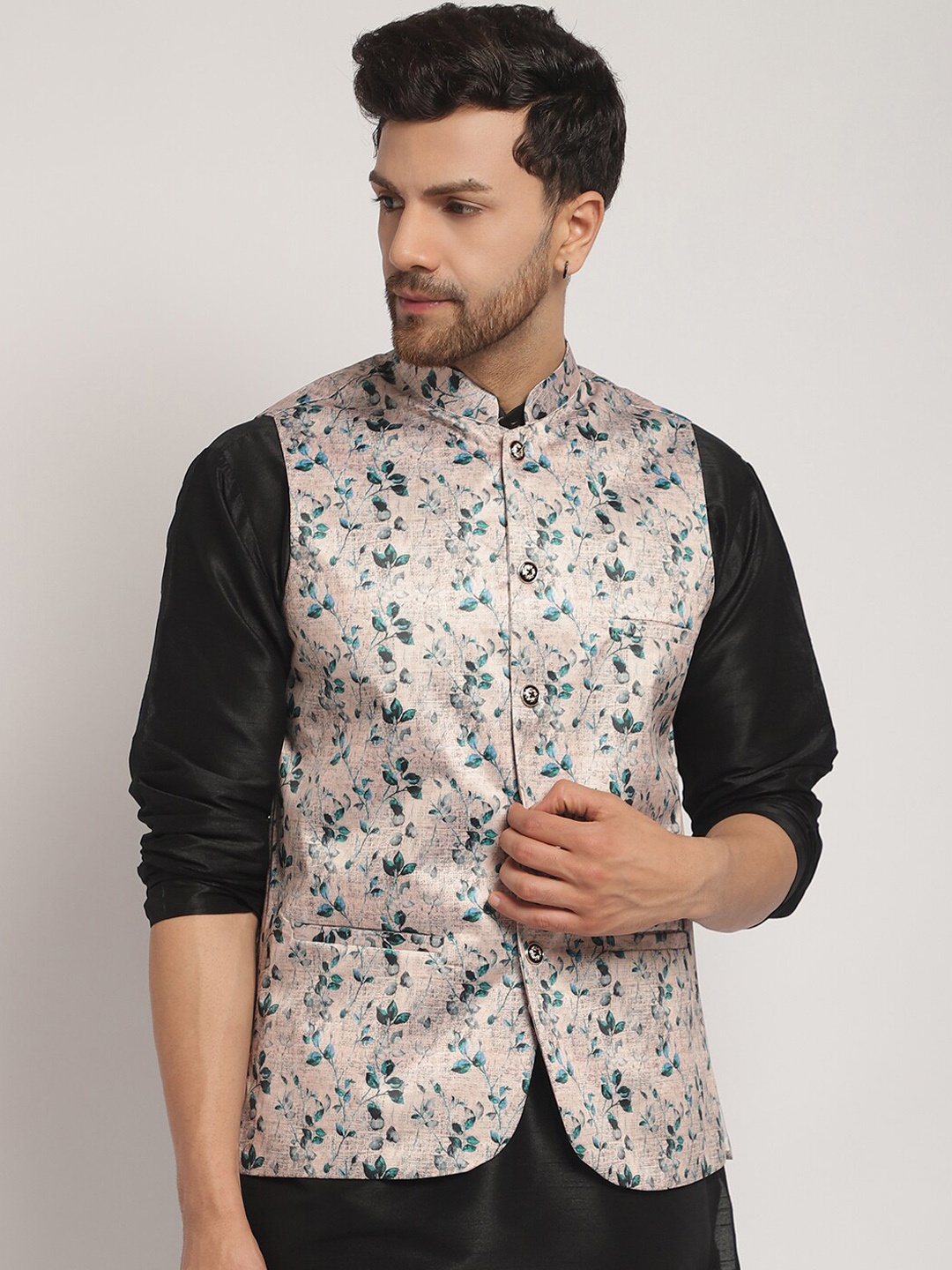 

Kaifoo Floral Printed Ethnic Nehru Jacket, Green