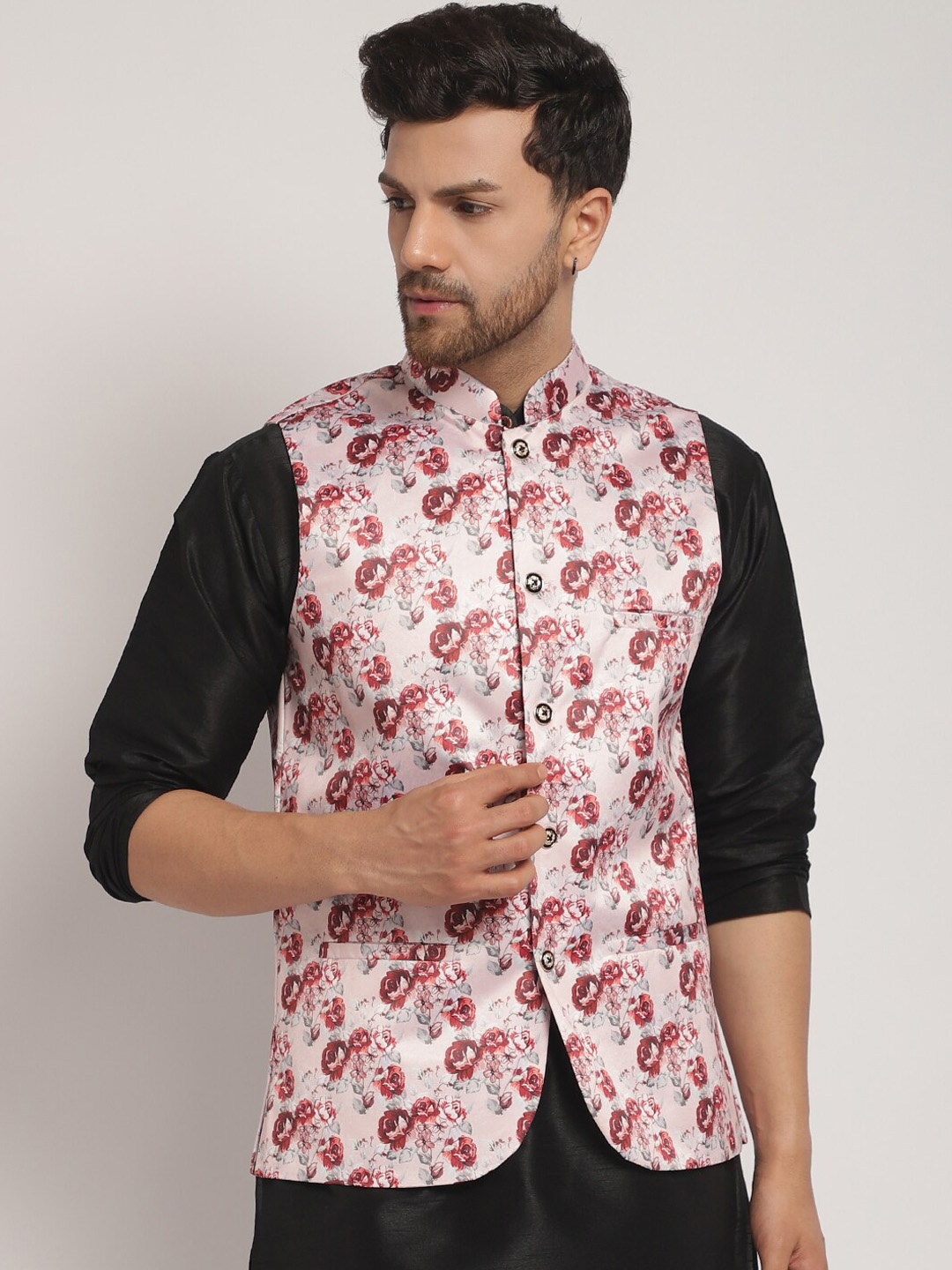 

Kaifoo Floral Printed Nehru Jacket, Peach