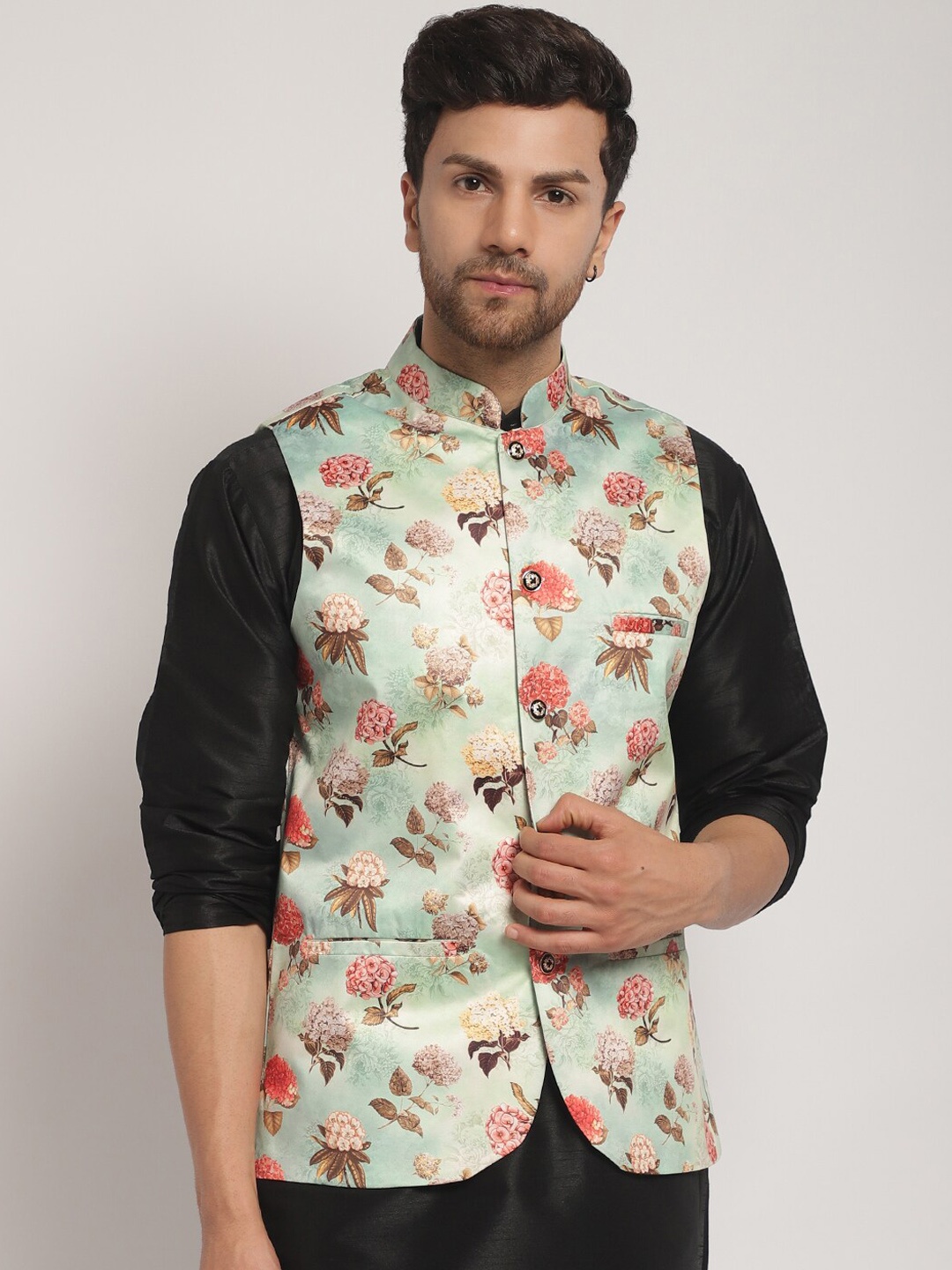 

Kaifoo Floral Printed Nehru Jacket, Green
