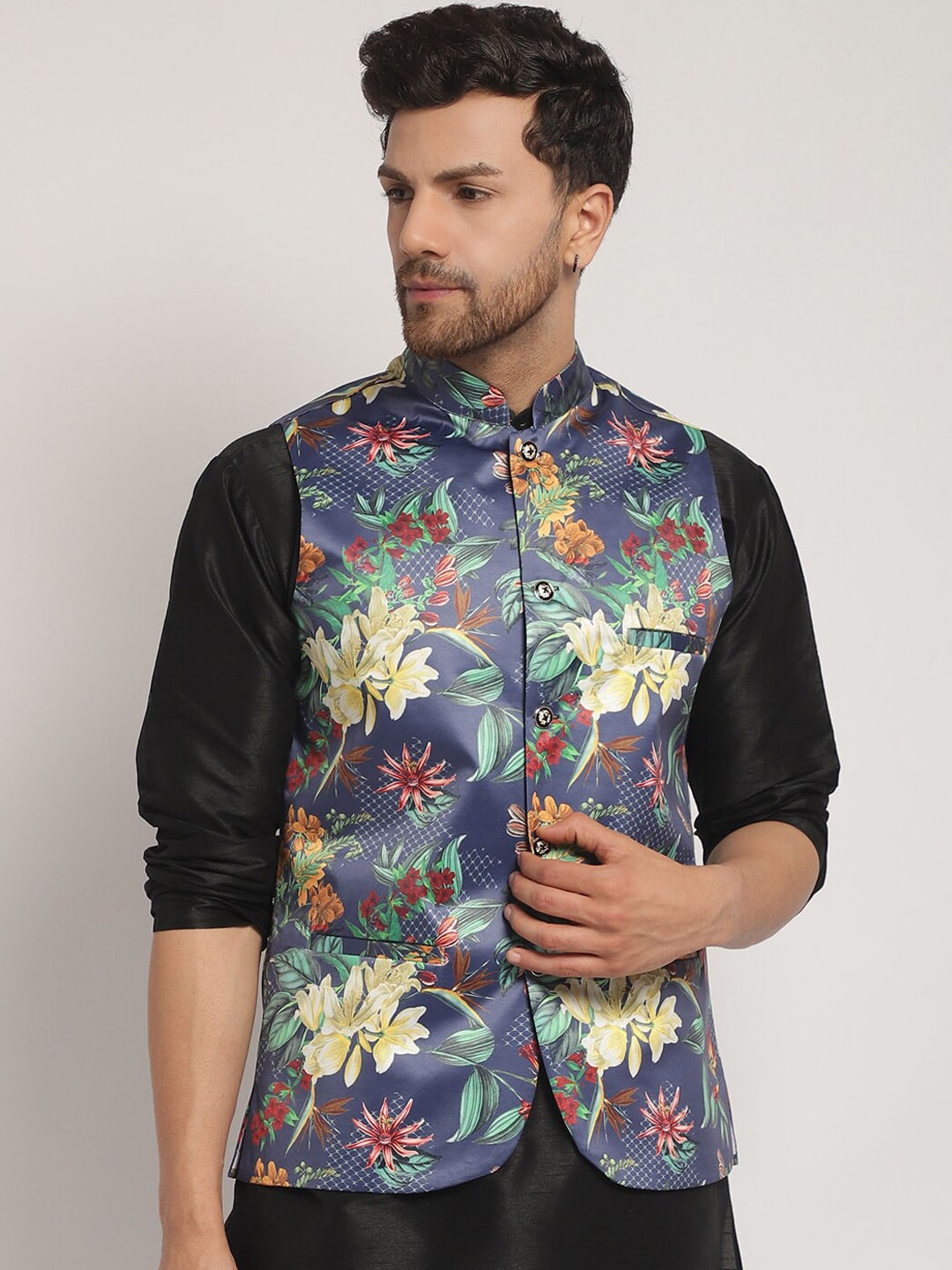 

Kaifoo Mandarin Collar Floral Printed Cotton Silk Nehru Jacket, Blue