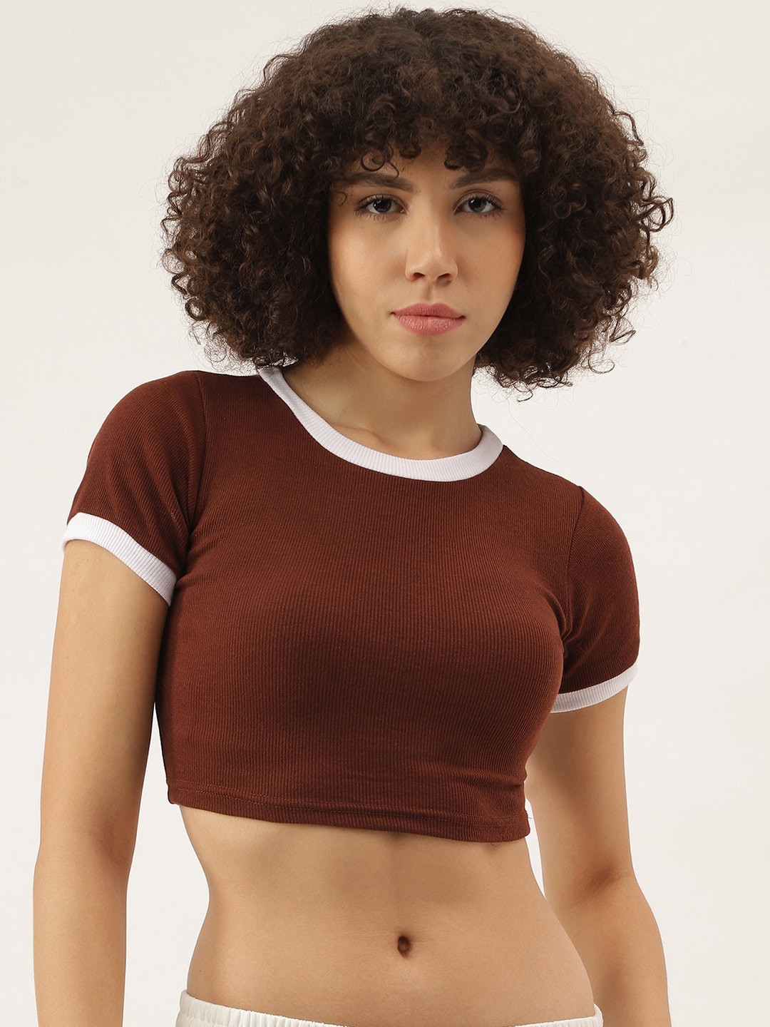 

AAHWAN Round Neck Fitted Cotton Crop Top, Brown