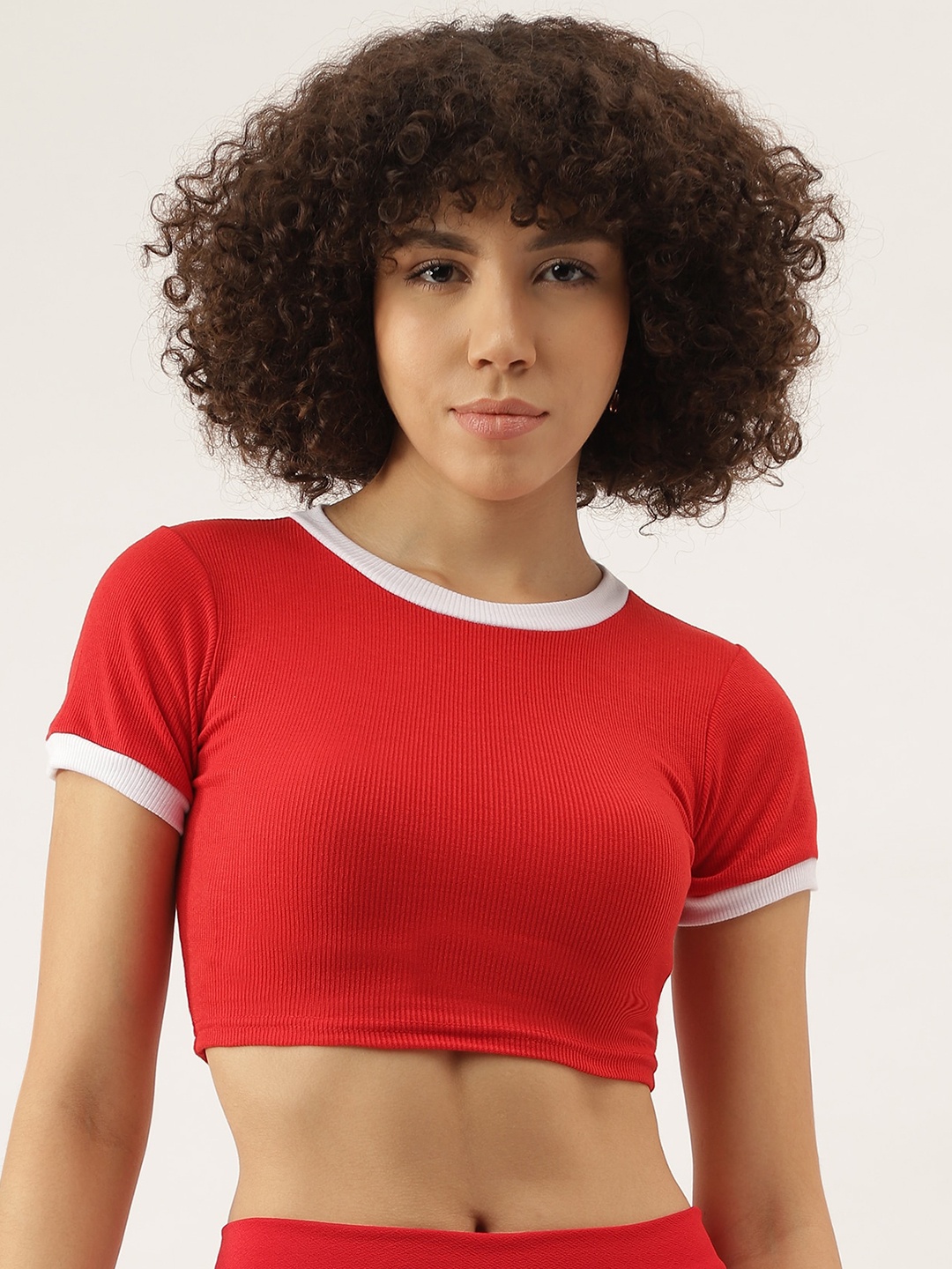 

AAHWAN Round Neck Fitted Cotton Crop Top, Red