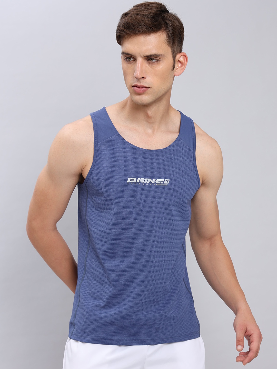 

Technosport Typography Printed Scoop Neck Sleeveless Sports Gym Vest, Navy blue