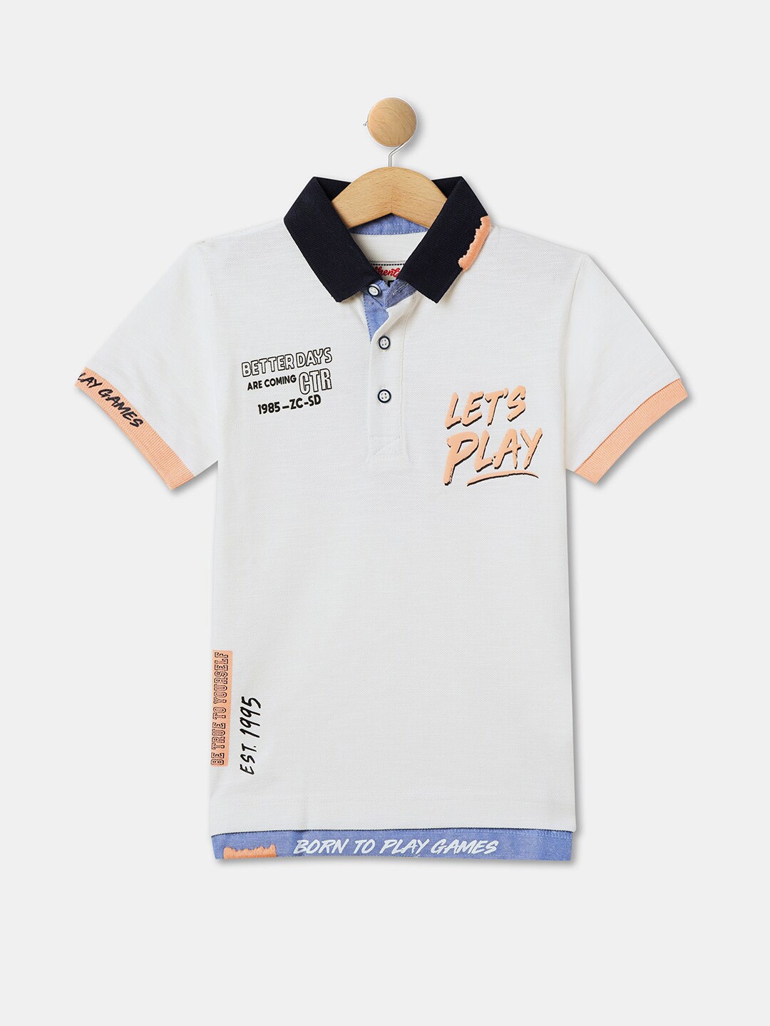 

R&B Boys Typography Printed Polo Collar Cotton T-shirt, White