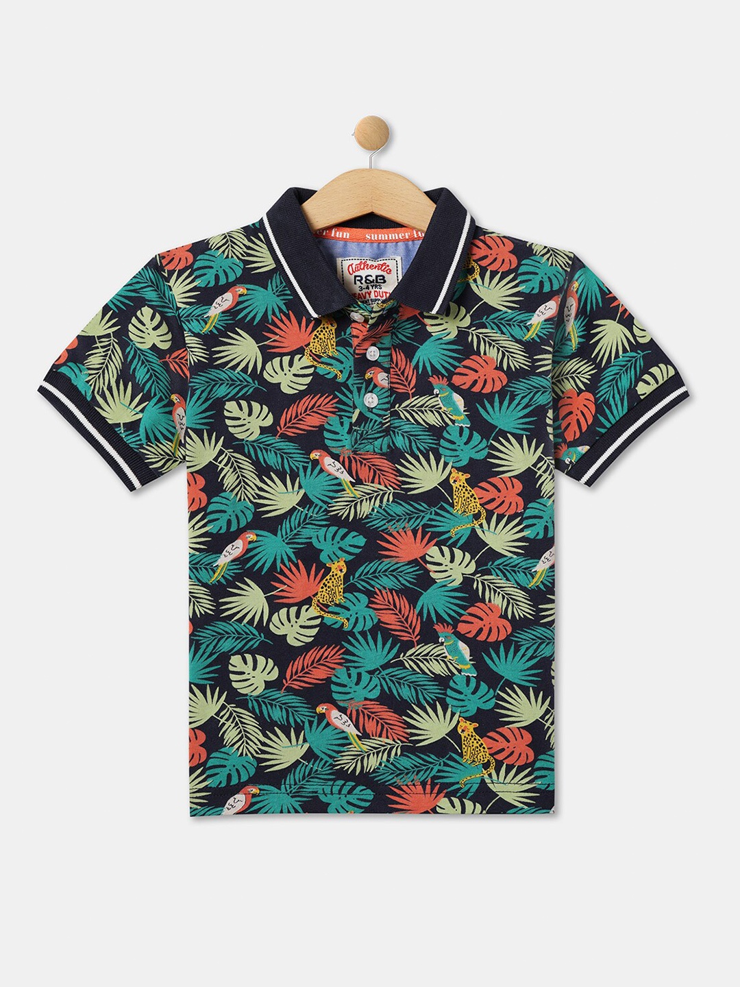 

R&B Boys Tropical Floral Printed Polo Collar Cotton T-shirt, Na