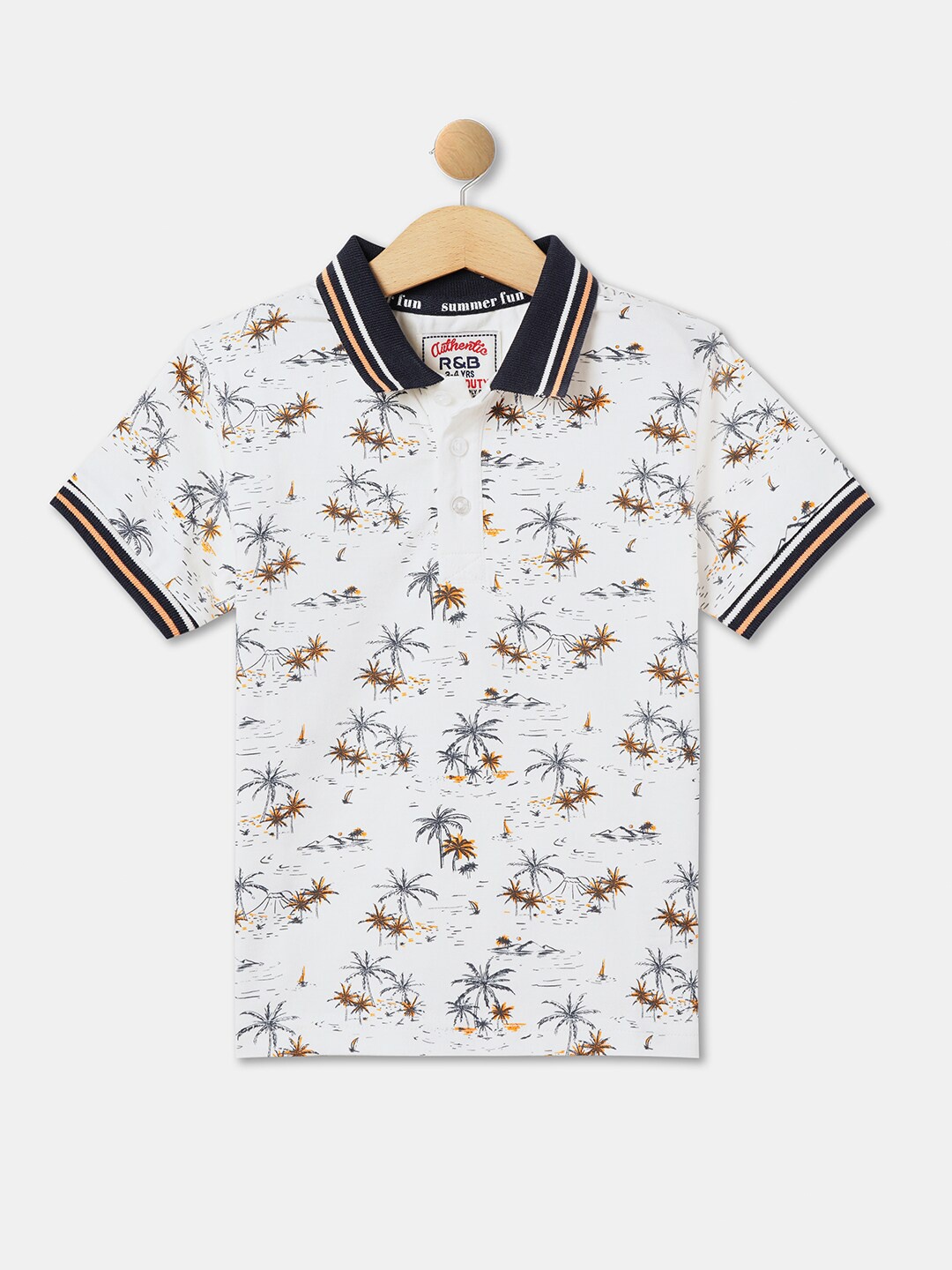 

R&B Boys Tropical Printed Polo Collar Cotton T-shirt, White