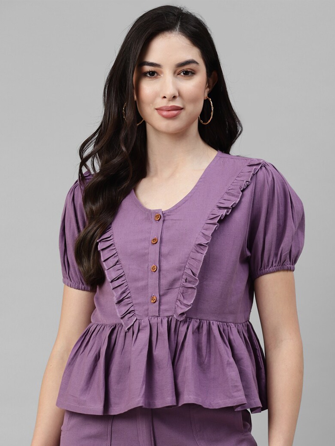 

DEEBACO Puff Sleeve Ruffles Cotton Peplum Top, Lavender
