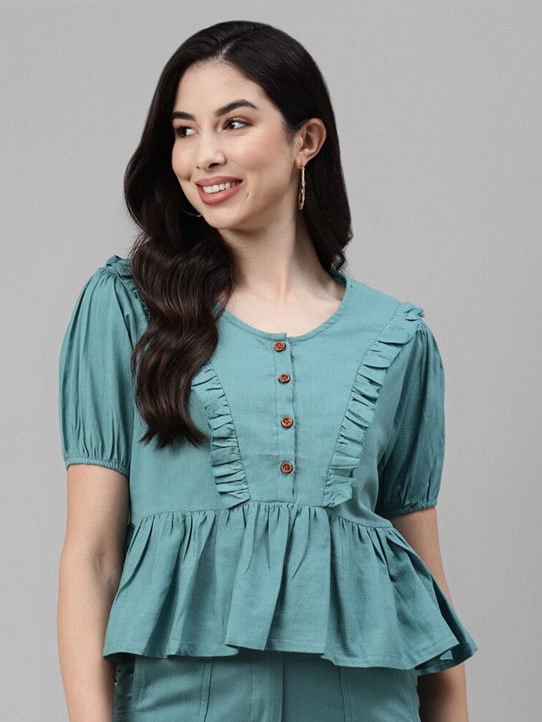 

DEEBACO Puff Sleeve Ruffles Cotton Peplum Top, Sea green