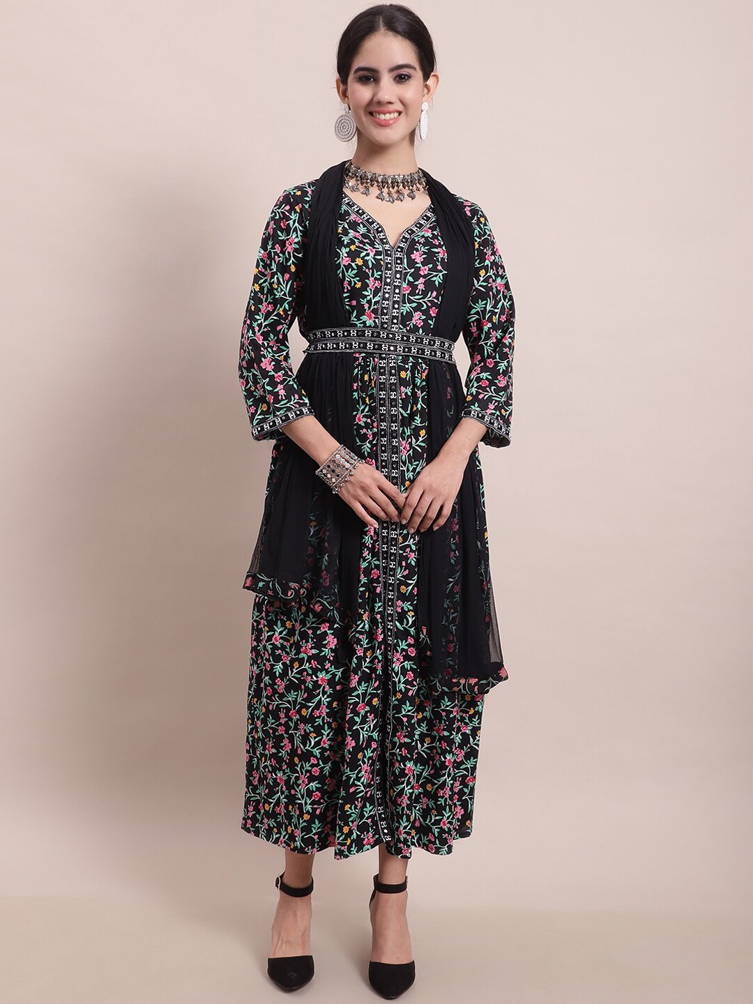 

KALINI Women Embroidery Ethnic Dress with Dupatta, Black