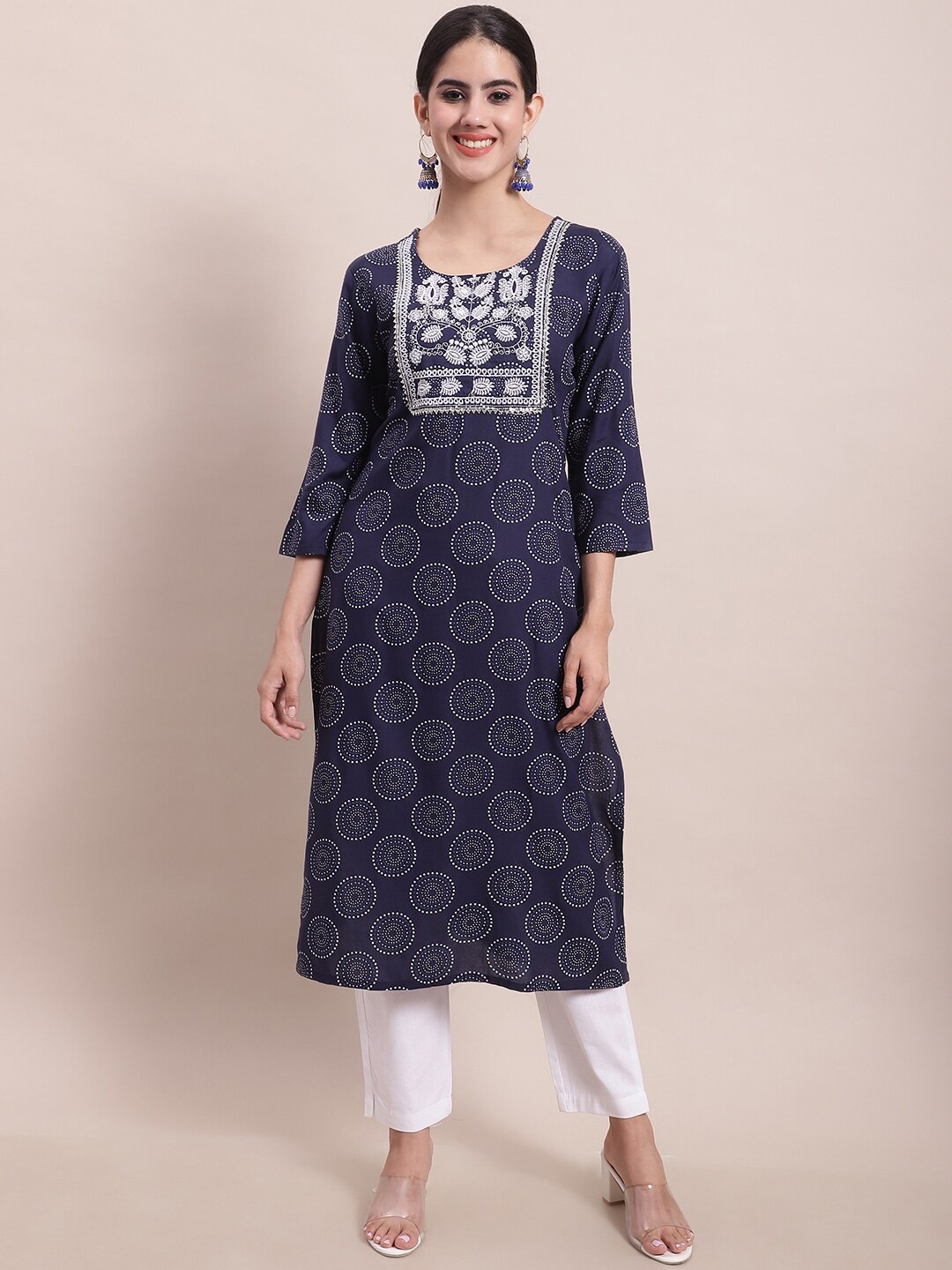 

KALINI Ethnic Motifs Printed Pure Cotton Kurti with Trousers, Blue