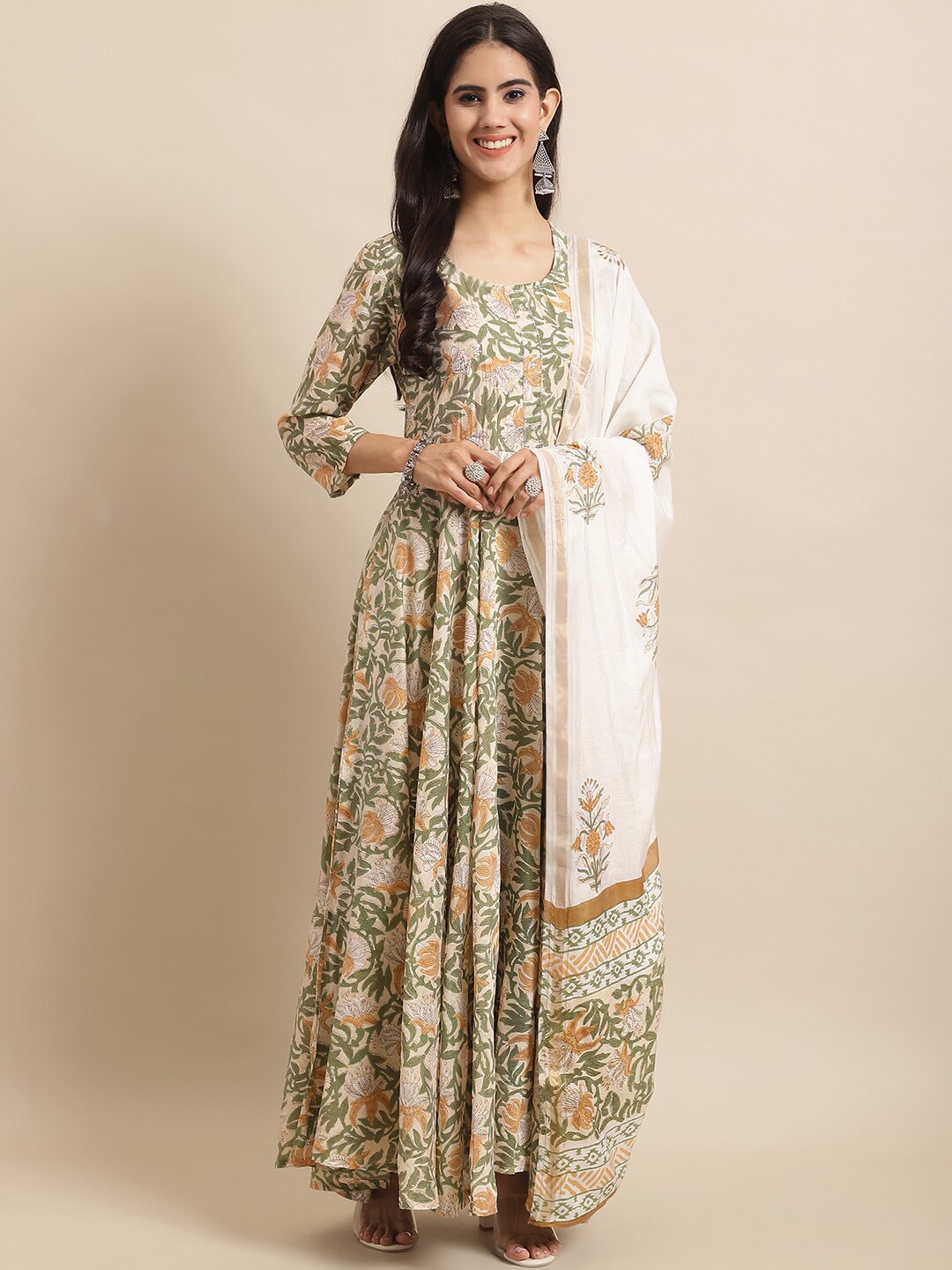 

KALINI Floral Printed Chanderi Cotton Kurti with Trousers & With Dupatta, White
