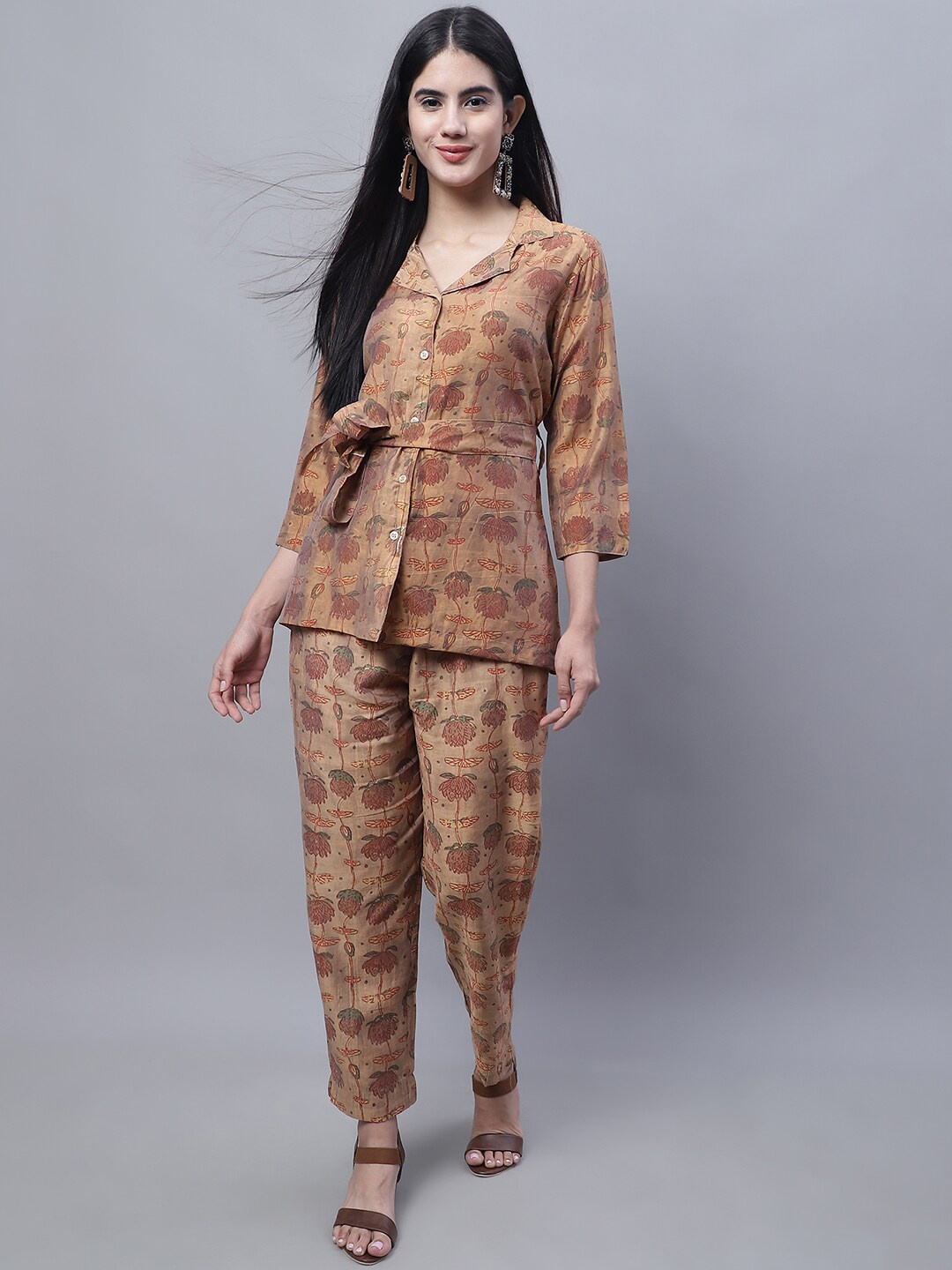 

KALINI Floral Printed Pure Silk Shirt & Trouser, Brown