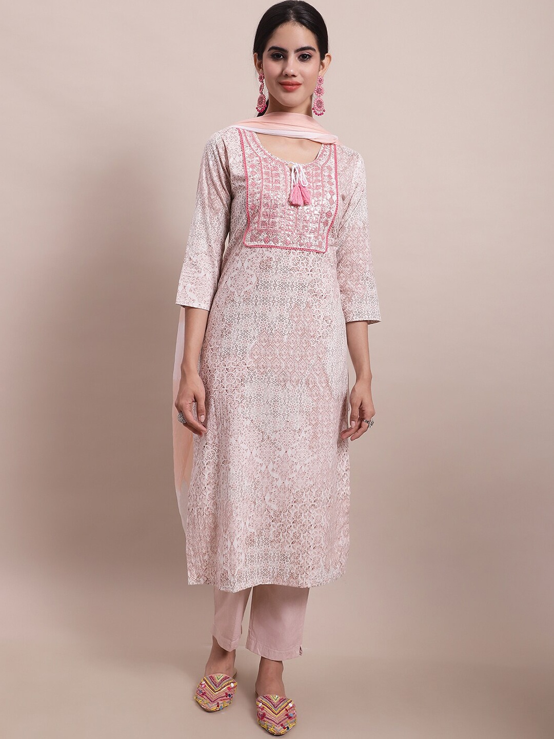 

KALINI Ethnic Motifs Printed Thread Work Pure Cotton Kurti with Trousers & With Dupatta, Pink