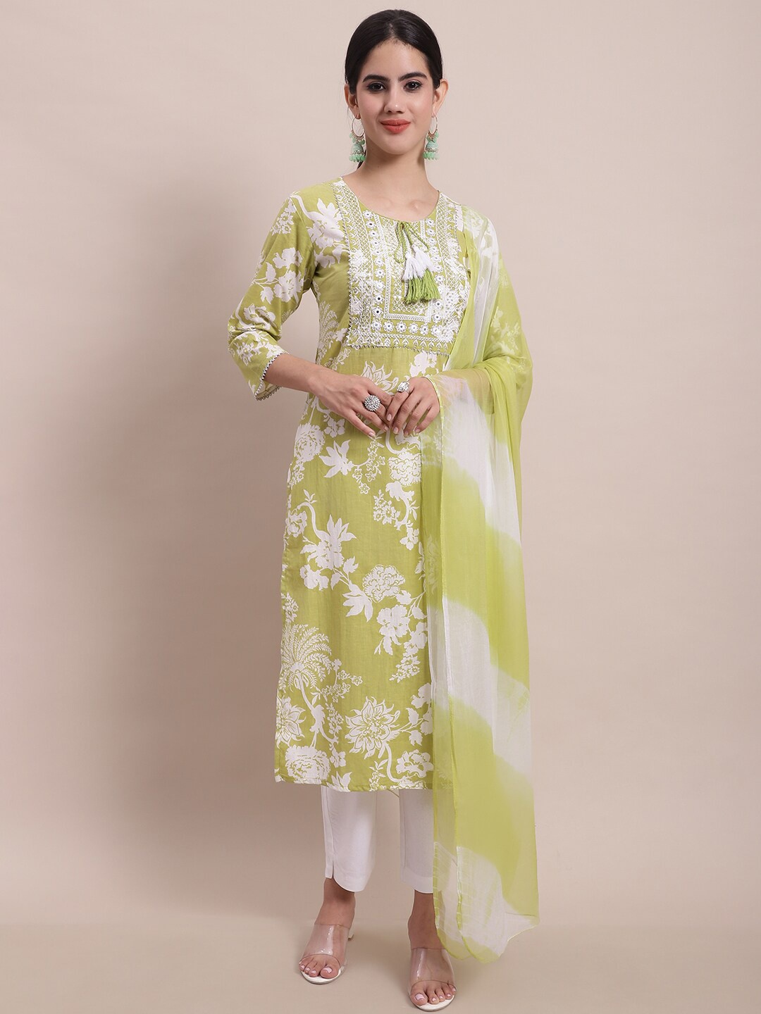 

KALINI Floral Embroidered Pure Cotton Kurta With Trousers & Dupatta, Green