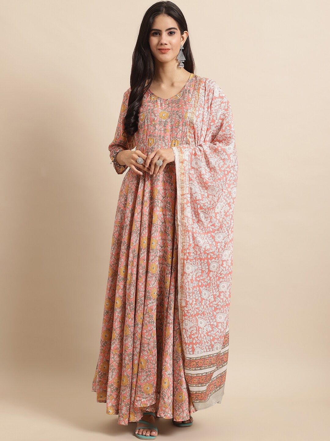

KALINI Floral Printed Regular Chanderi Cotton Kurta With Trousers & With Dupatta, Peach