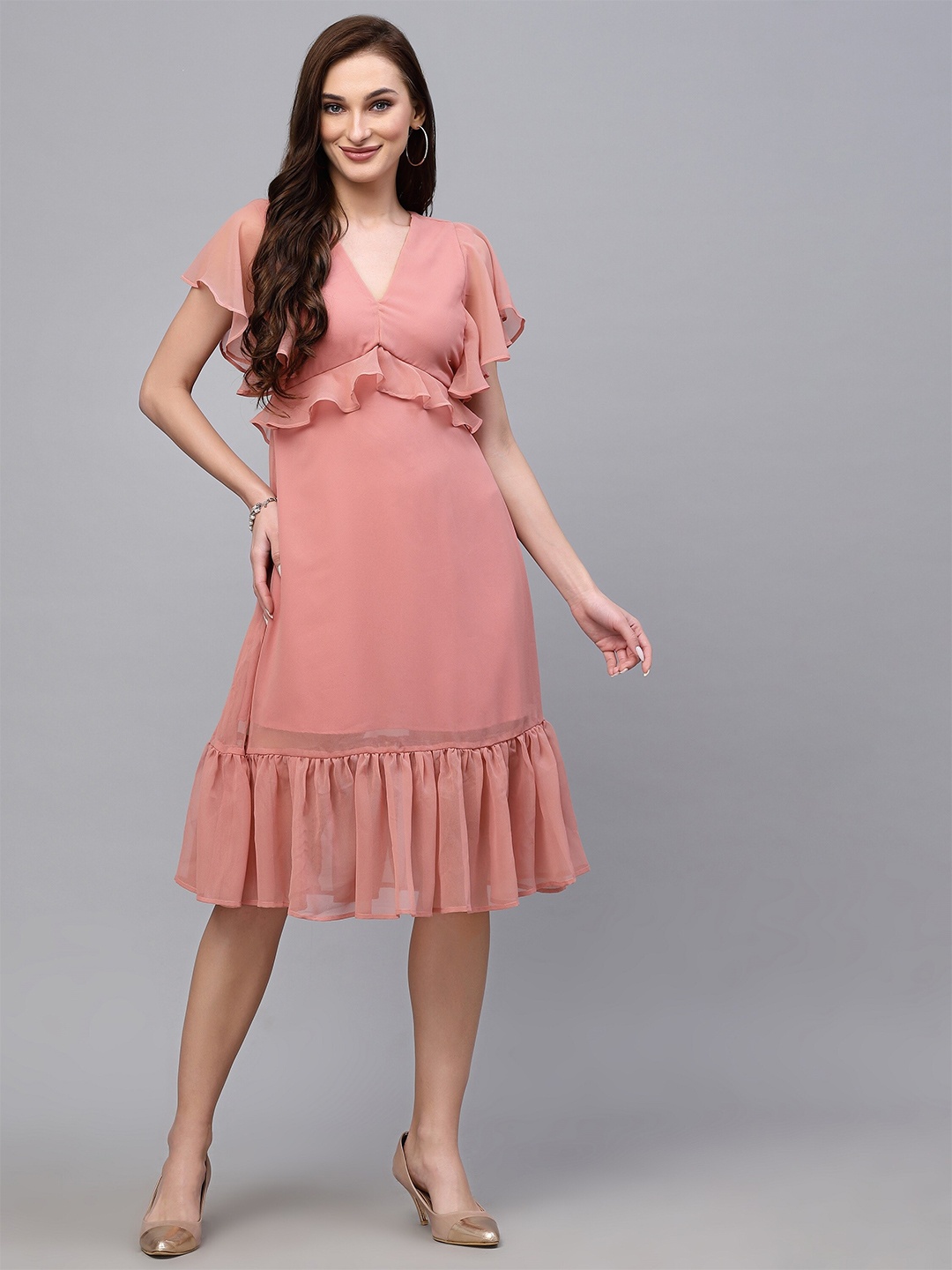 

VALBONE V-Neck Flutter Sleeves Ruffled A-Line Dress, Pink