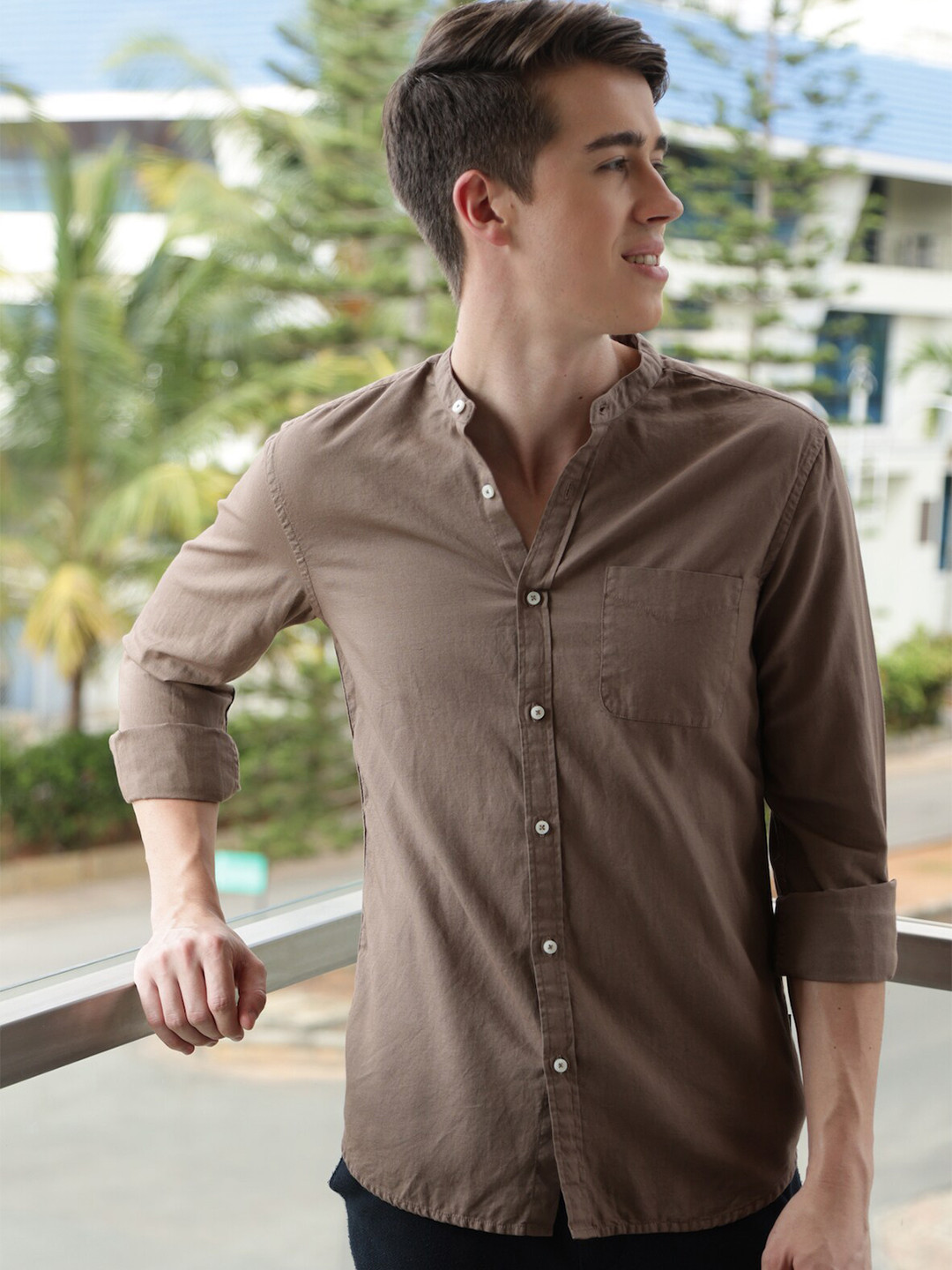 

POE Smart Slim Fit Mandarin Collar Cotton Linen Shirt, Khaki