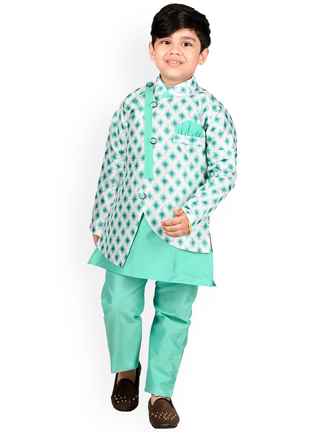 

BAESD Boys Straight Kurta With Pyjamas & Printed Jacket, Green