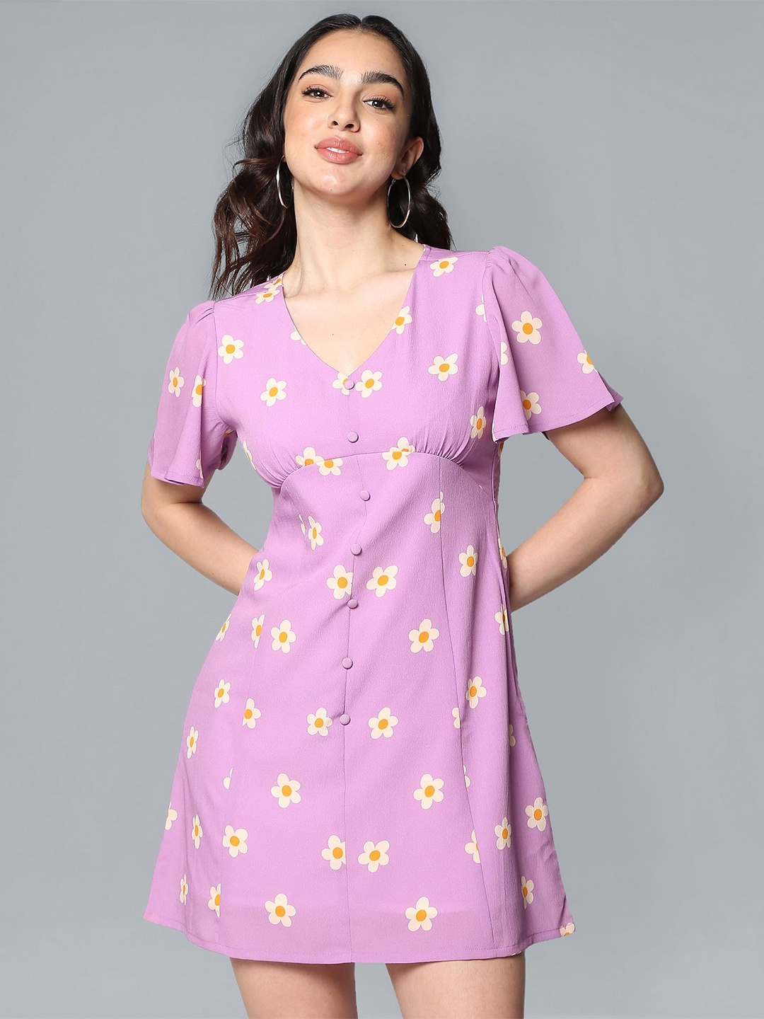 

Flying Machine Floral Print Flared Sleeve Mini A-Line Dress, Lavender