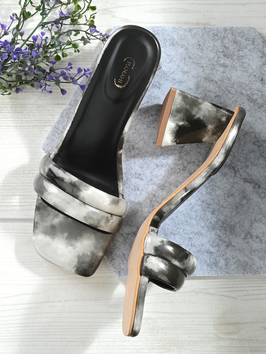 

PANAHI Printed Open Toe Block Heels, Black