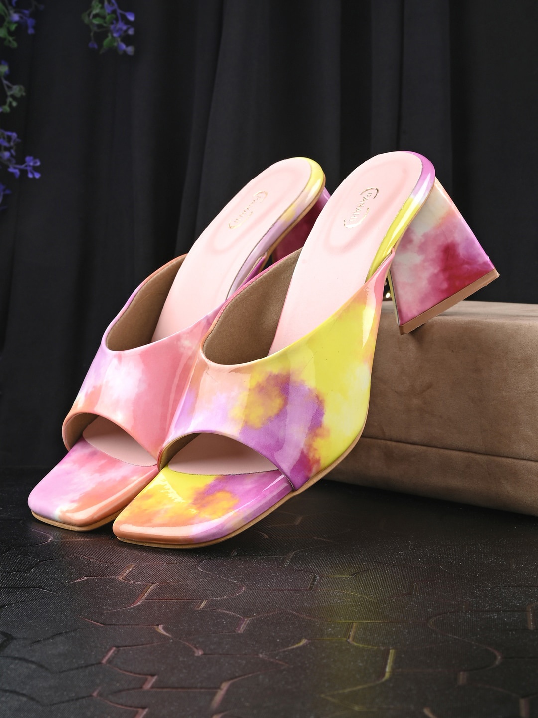 

PANAHI Printed Open Toe Block Heels, Pink