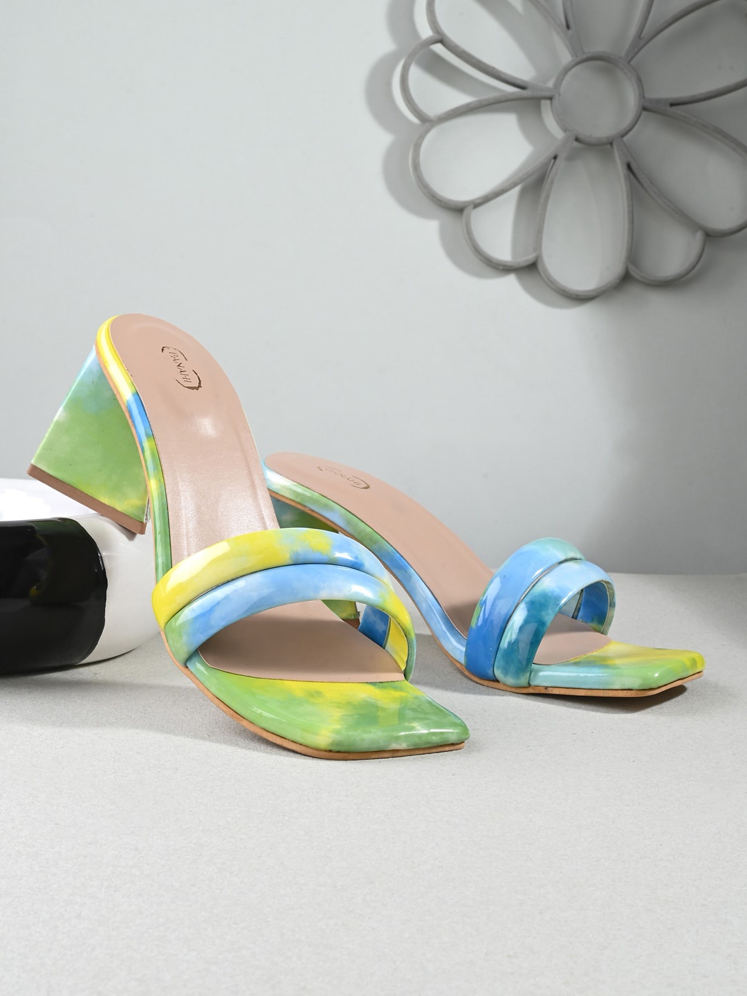 

PANAHI Printed Open Toe Block Heels, Yellow