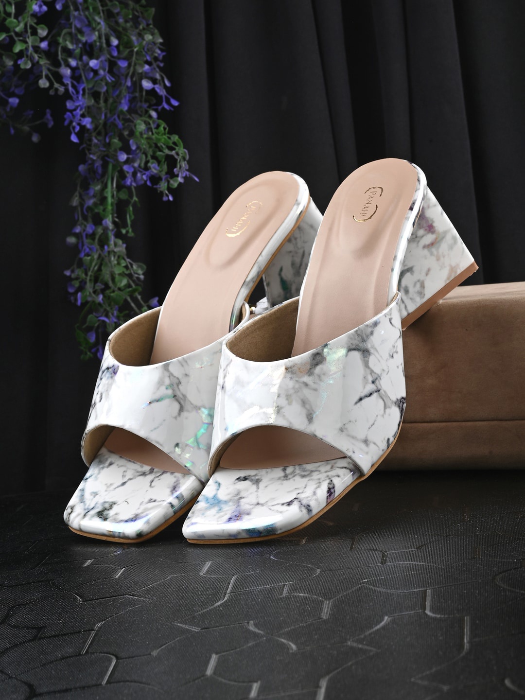 

PANAHI Printed Open Toe Block Heels, White
