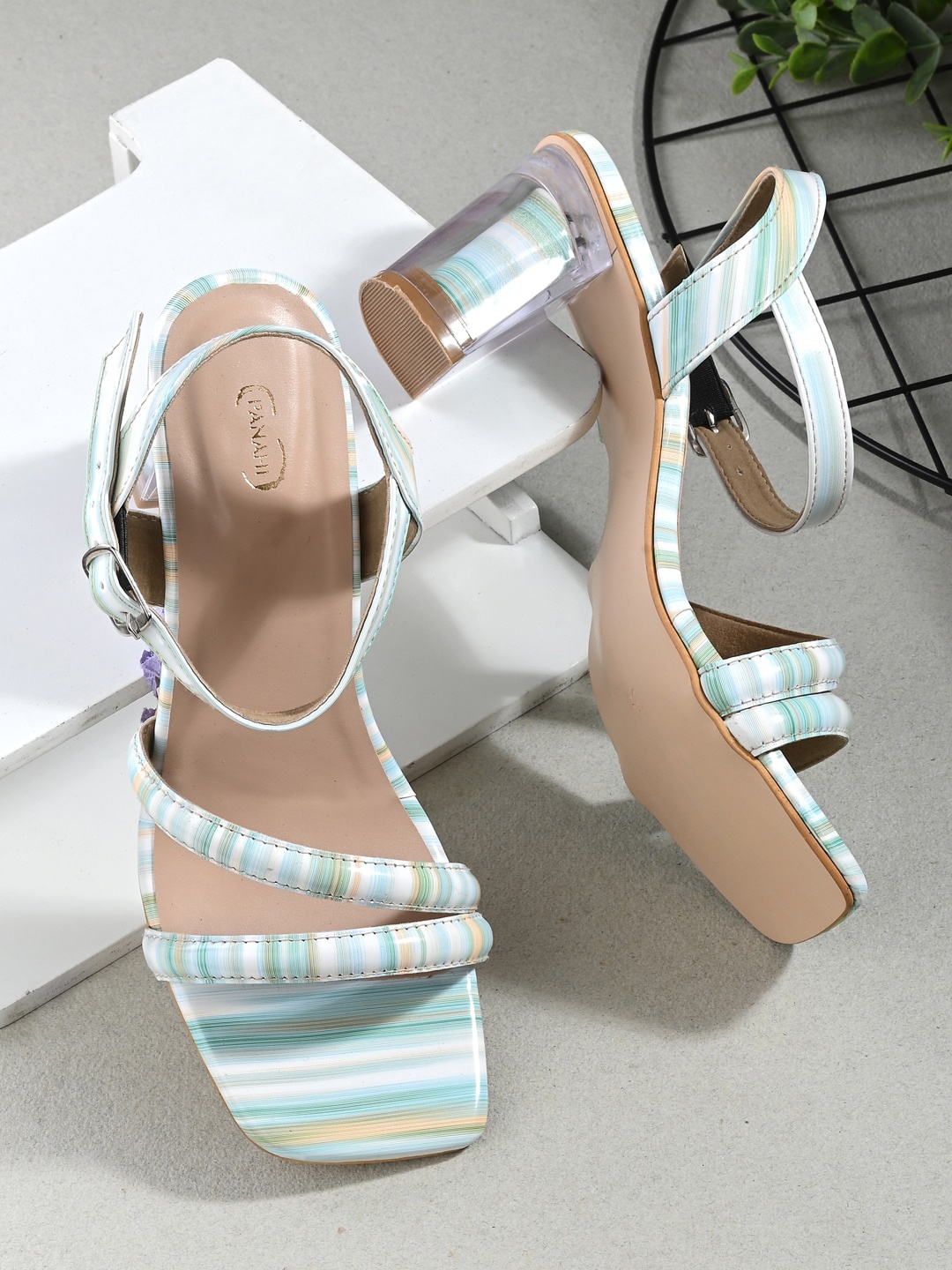 

PANAHI Printed Open Toe Block Heels With Buckles, Turquoise blue