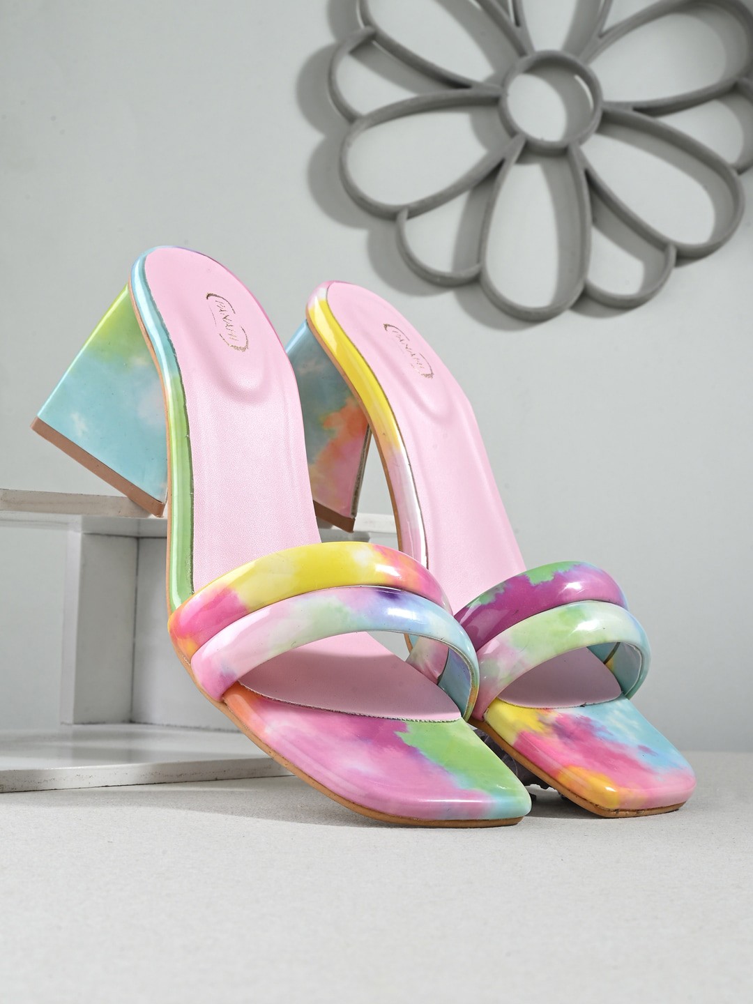 

PANAHI Printed Open Toe Block Heels, Pink