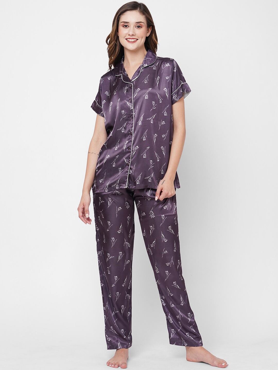

NOIRA Floral Printed Satin Night suit, Brown