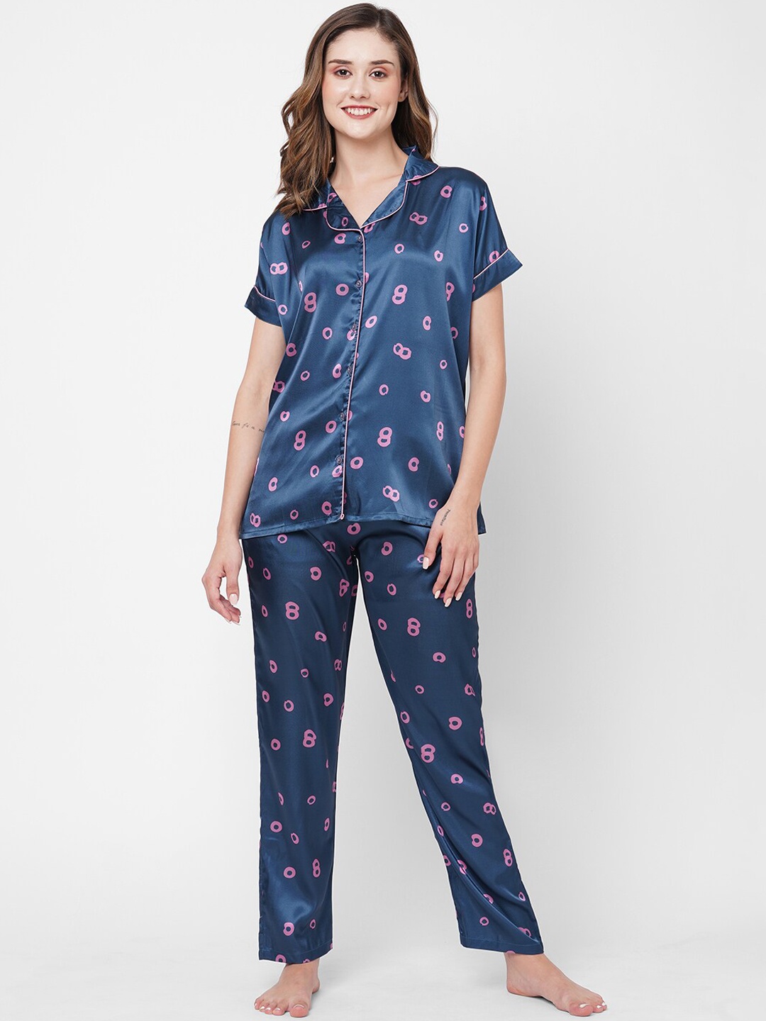 

NOIRA Conversattional Printed Satin Night suit, Navy blue