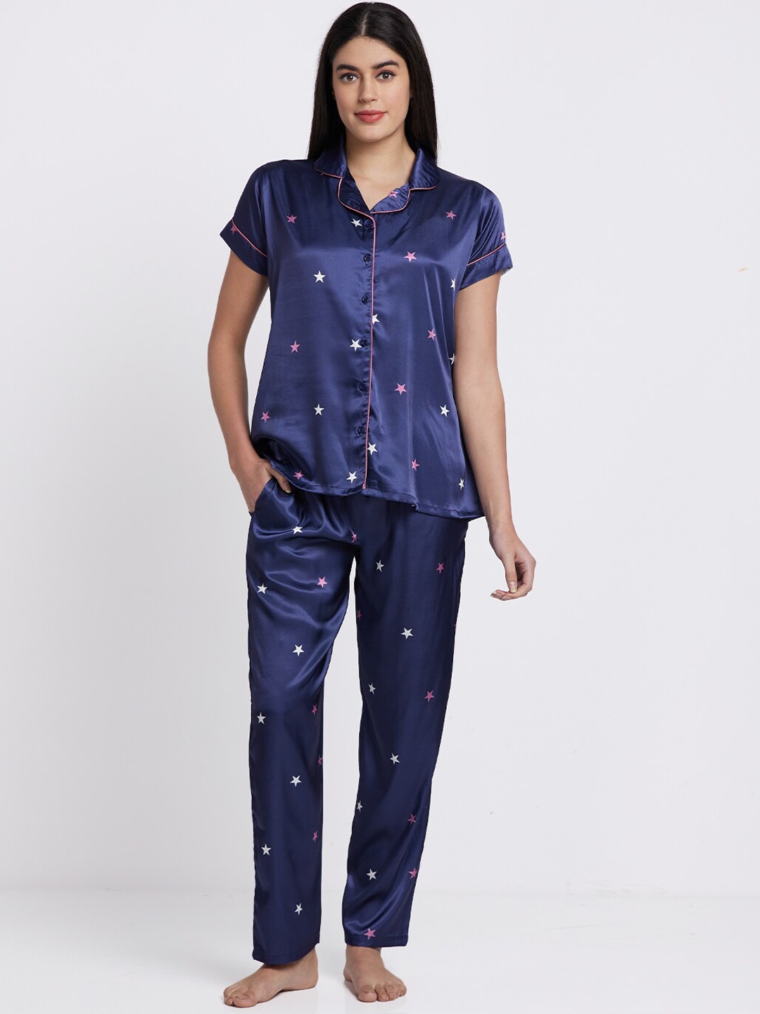 

NOIRA Conversational Printed Satin Night suit, Navy blue