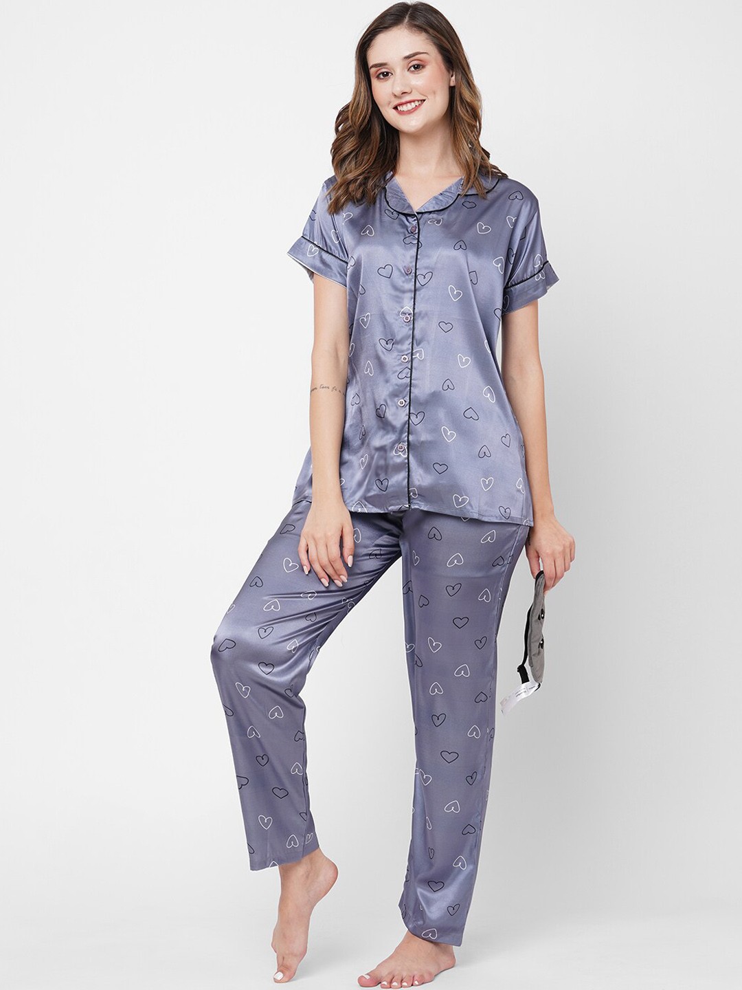 

NOIRA Conversational Printed Satin Night suit, Grey