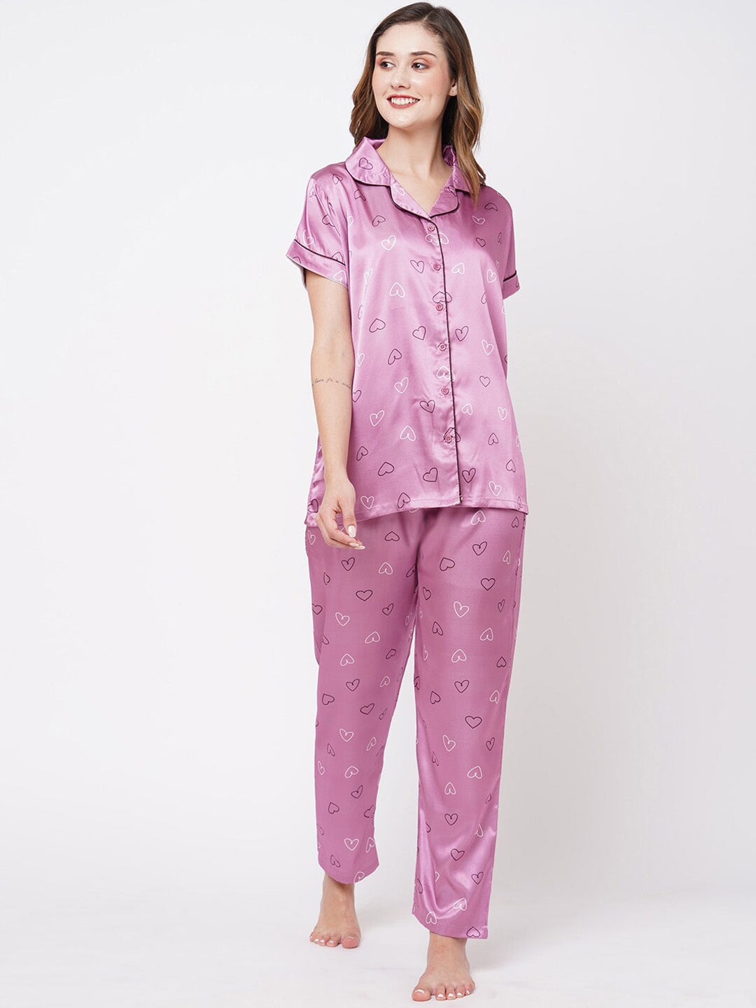 

NOIRA Conversational Printed Satin Night suit, Pink